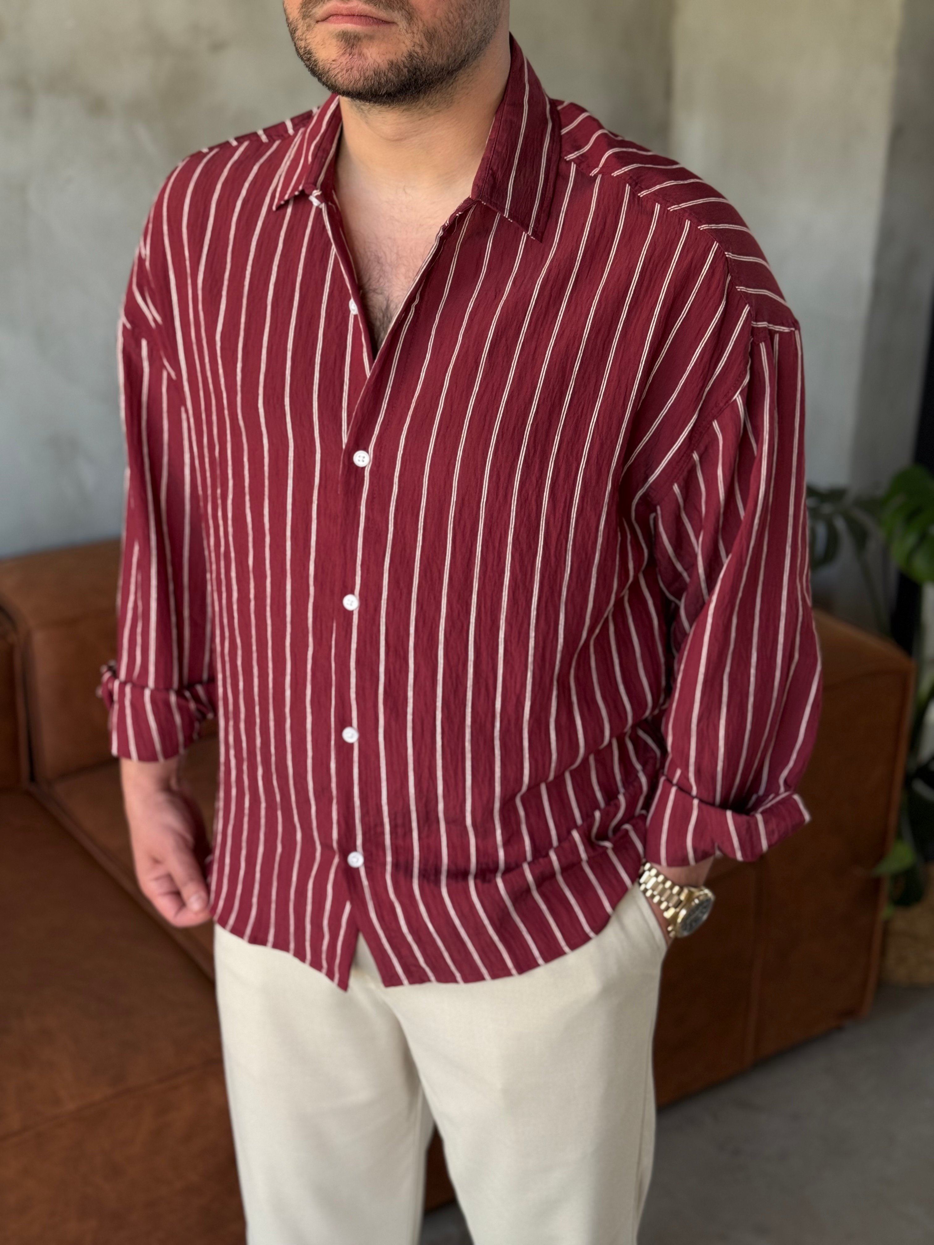 Bordo Çizgili Oversize Gömlek