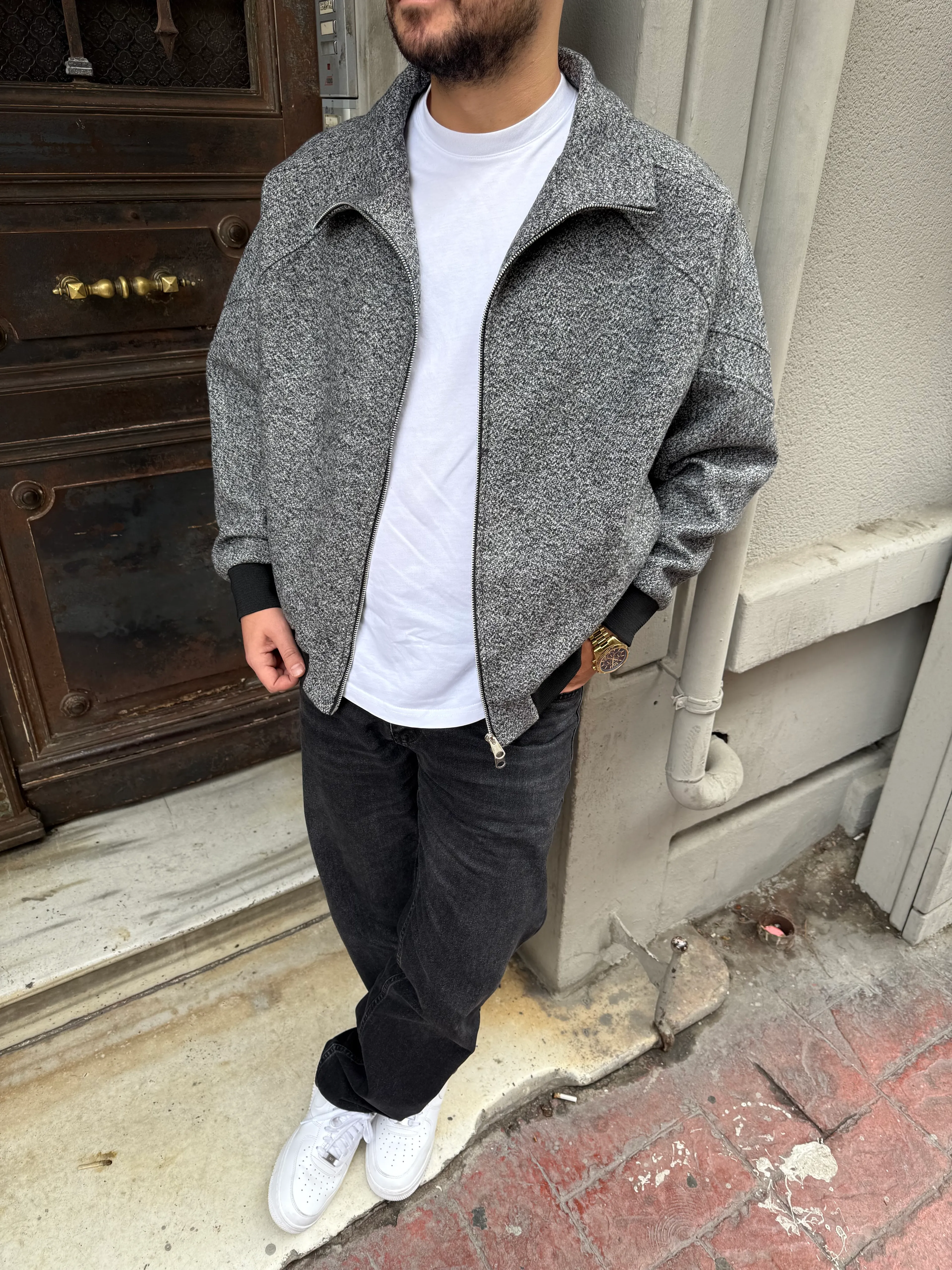 Siyah Kaşe Bomber Oversize Ceket