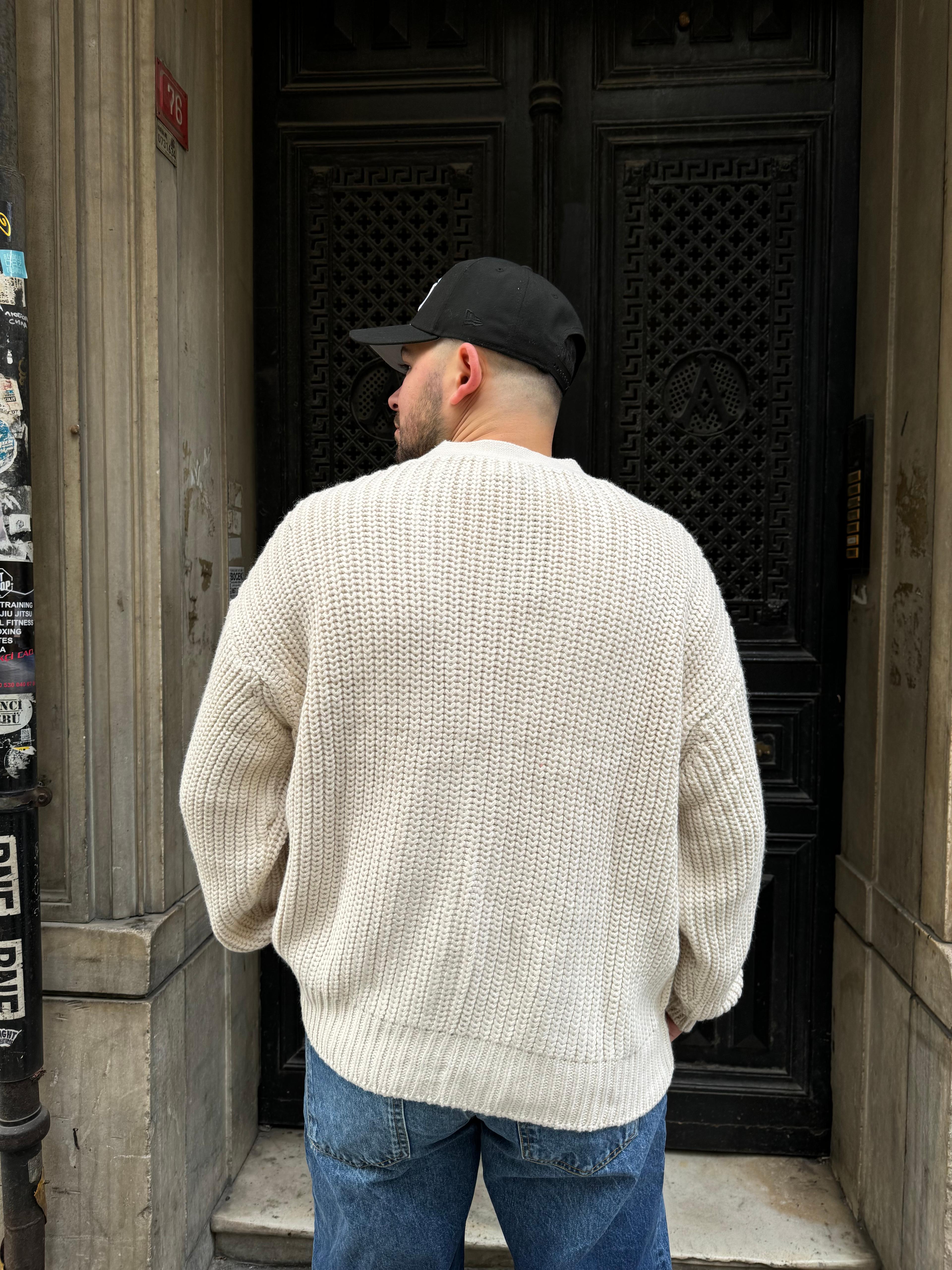 Krem Oversize Crop Model Örme Hırka