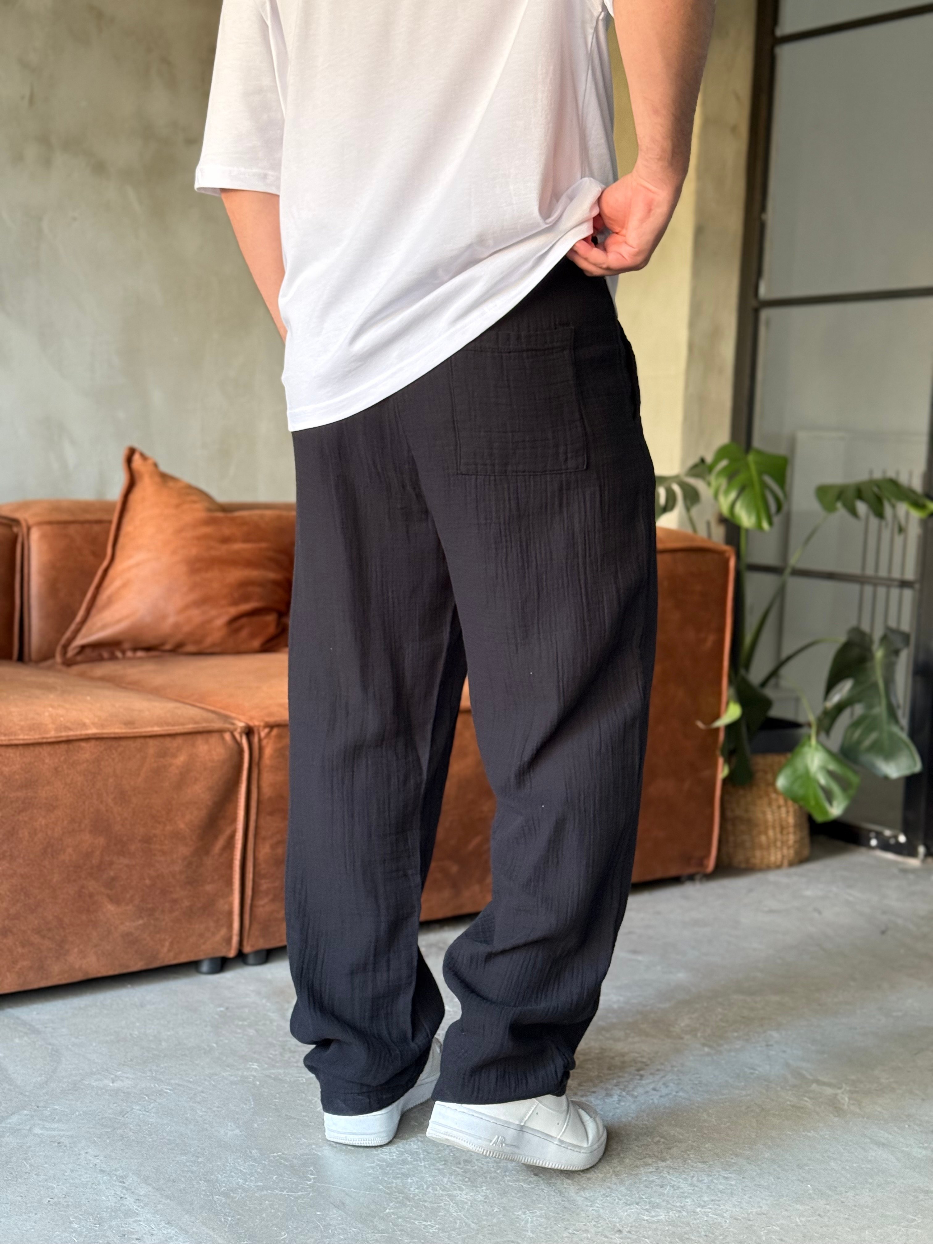 Siyah Baggy Pamuklu Müslin Pantolon
