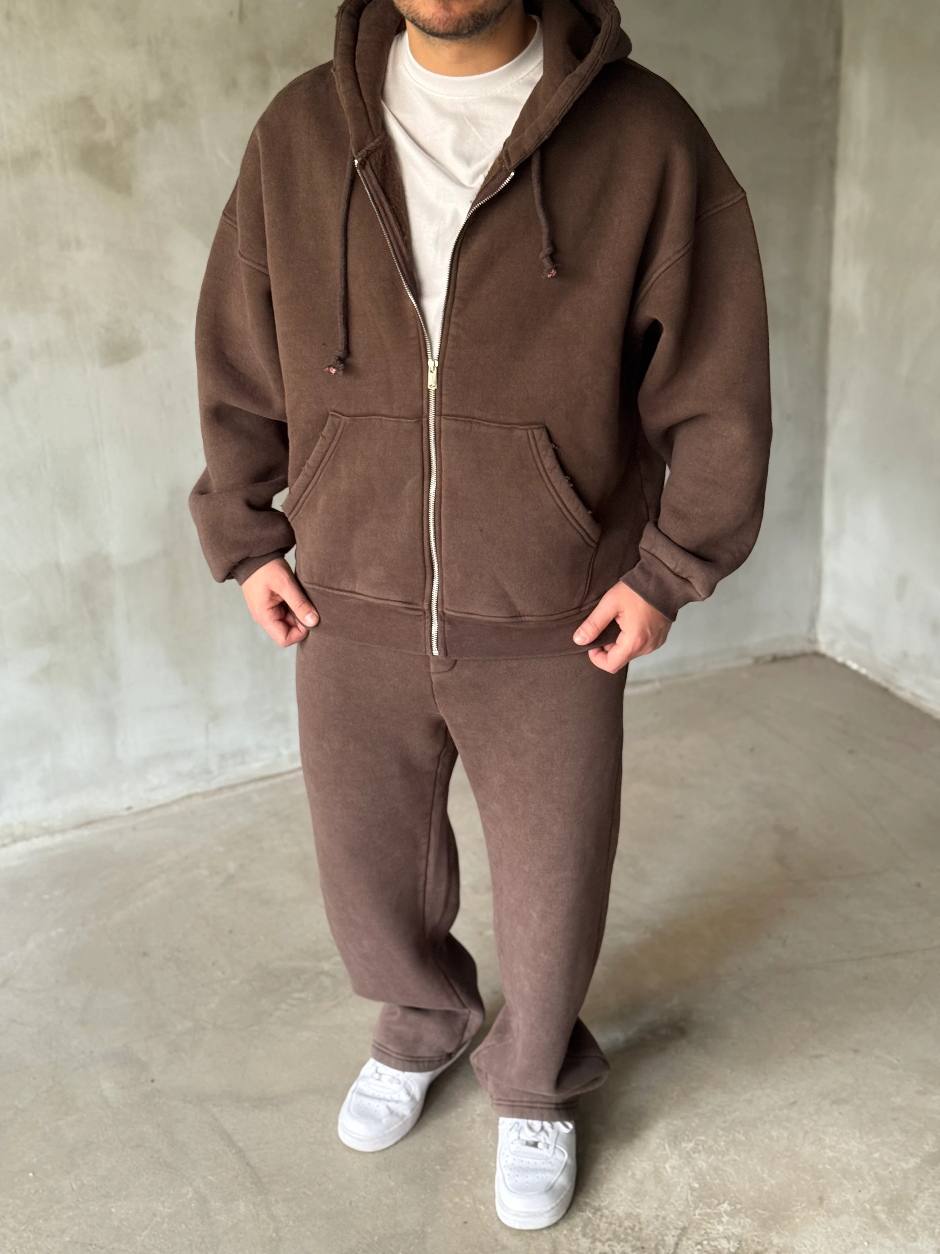 Kahverengi Yıkamalı Gramajlı Oversize Eşofman Takımı