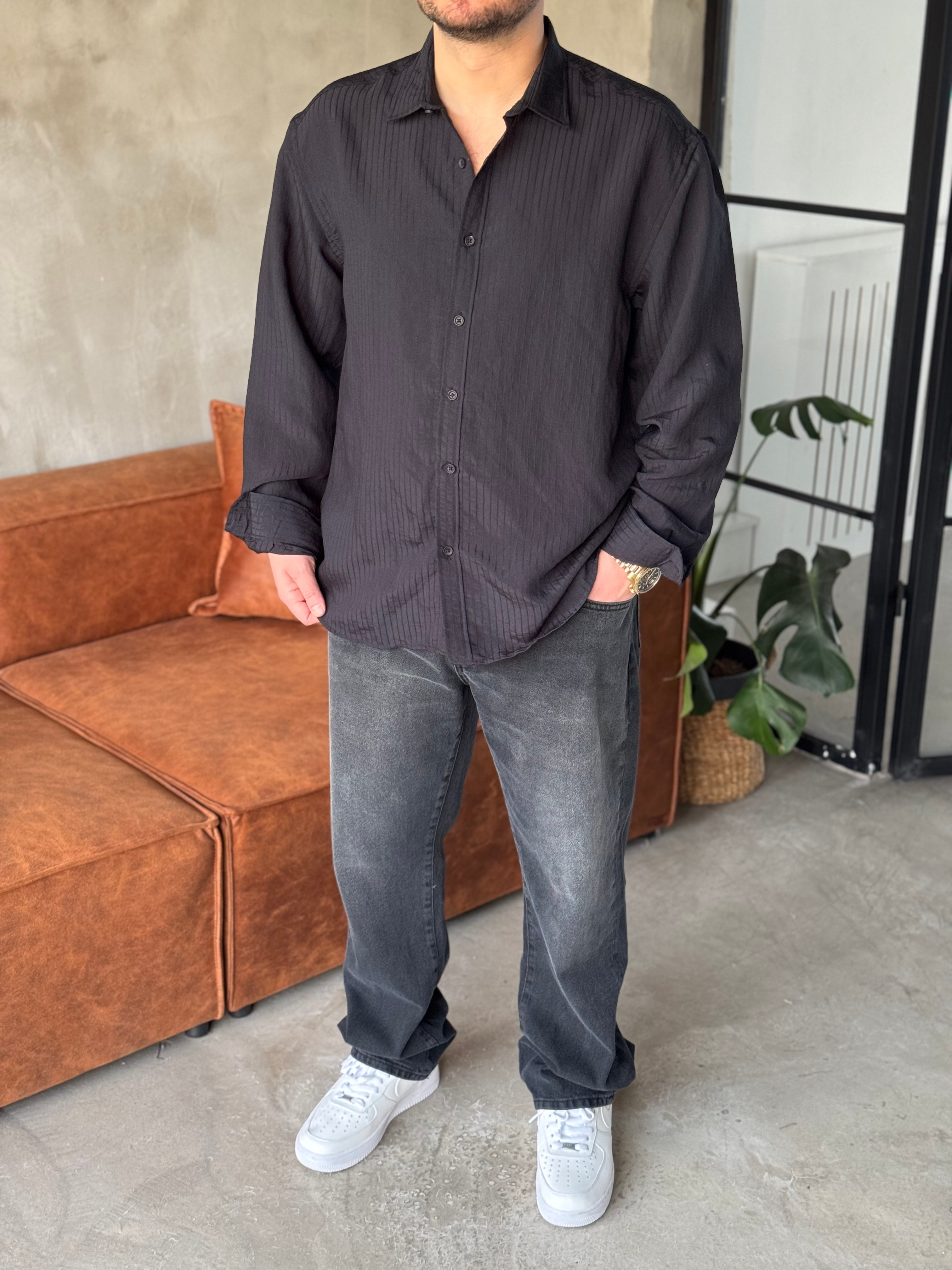 Siyah Çizgili Tensel Kumaş Oversize Gömlek