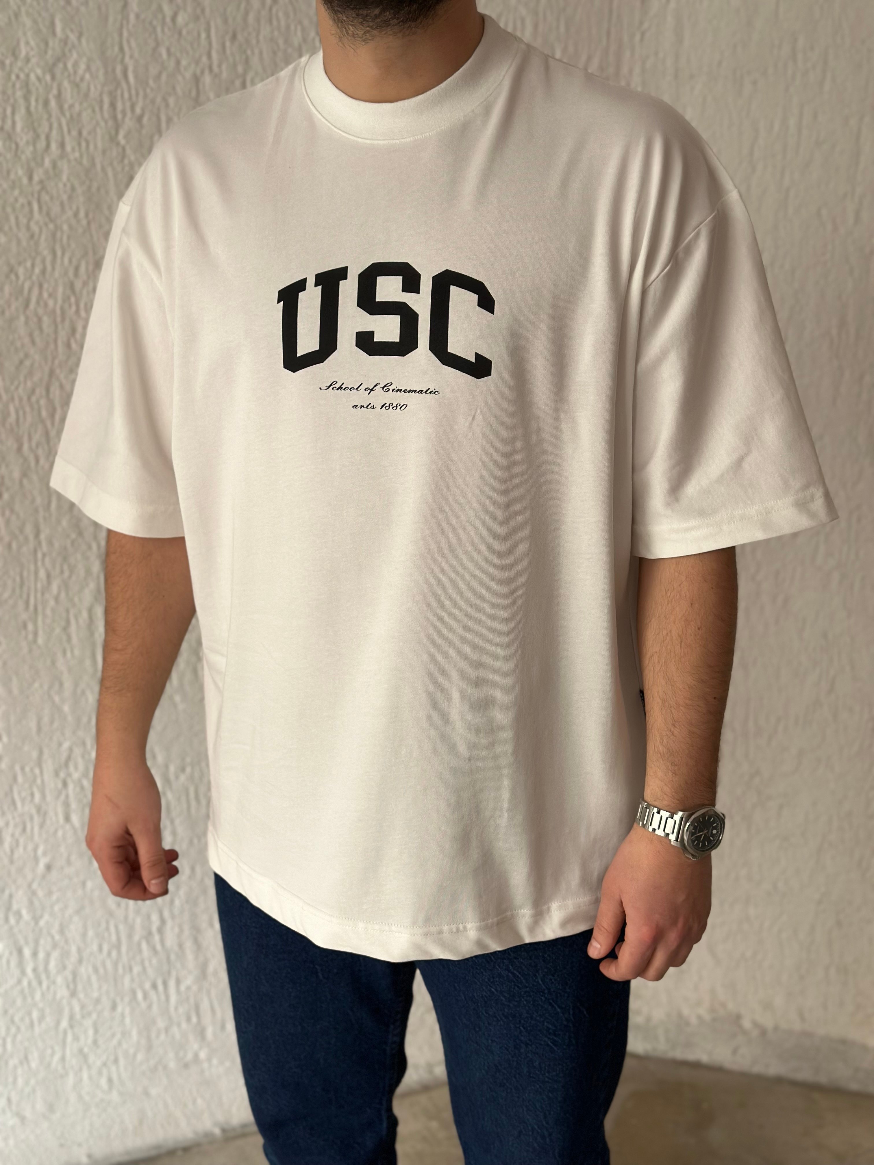 USC Baskılı Beyaz Oversize T-shirt