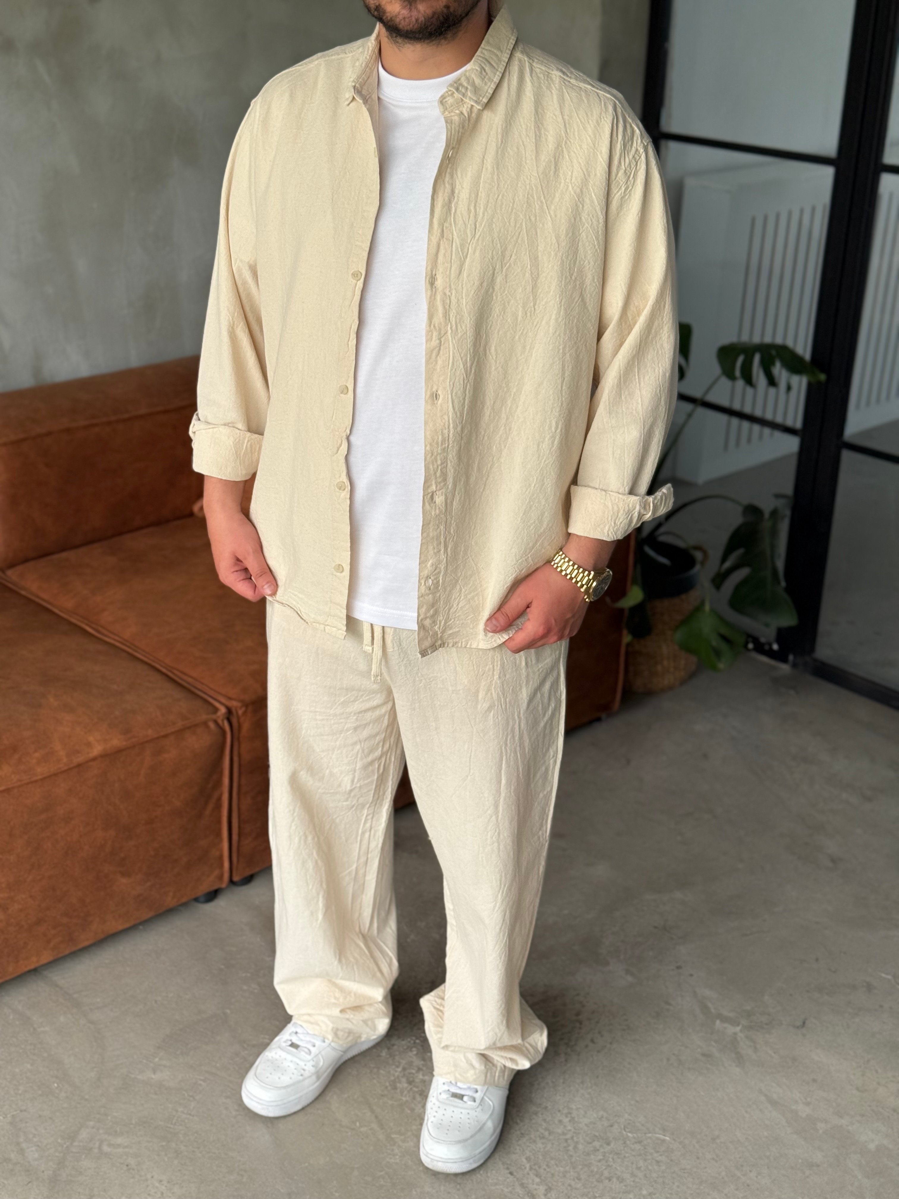 Krem Oversize Keten Takım