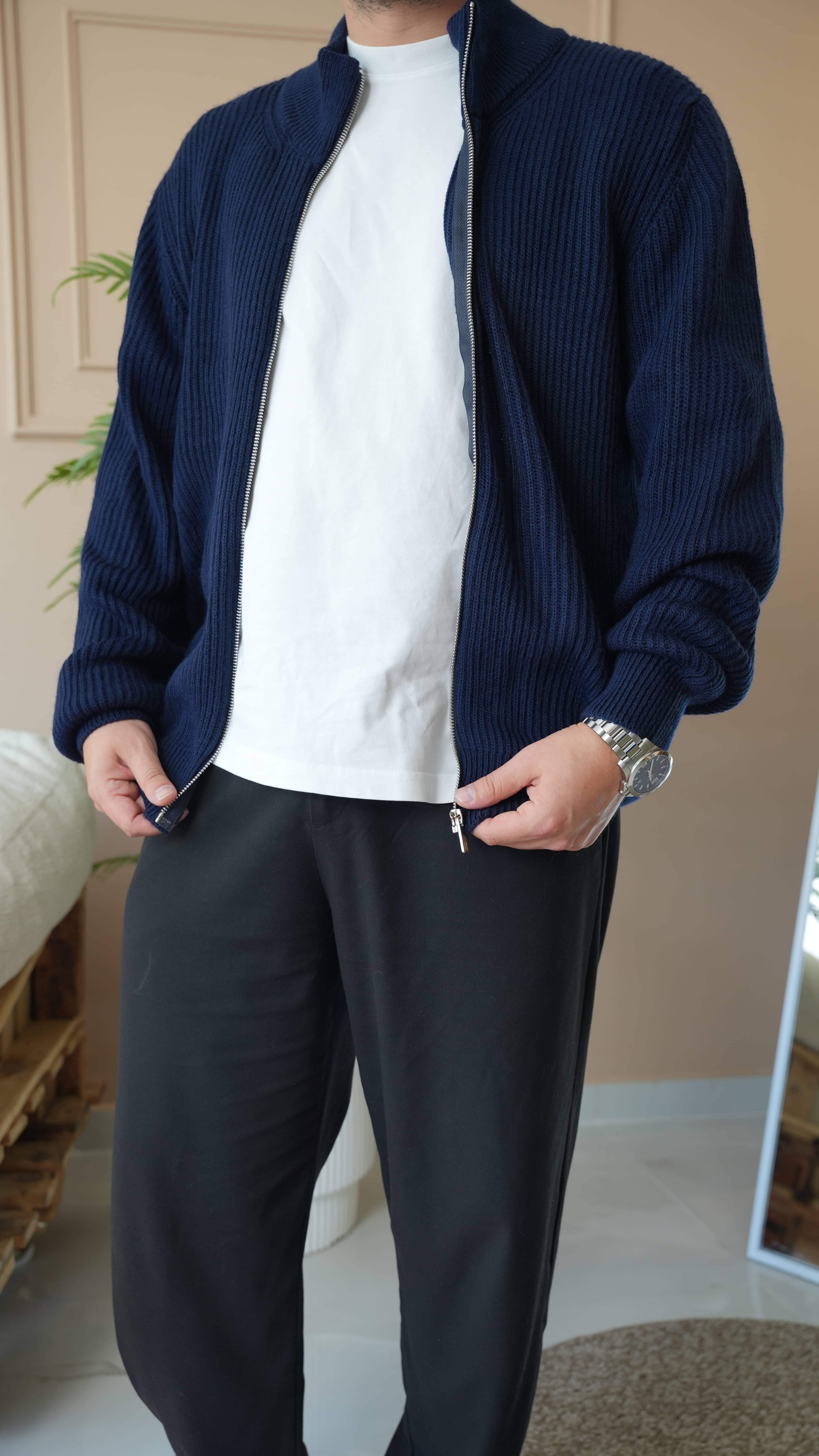 Lacivert Oversize Tam Fermuarlı Triko