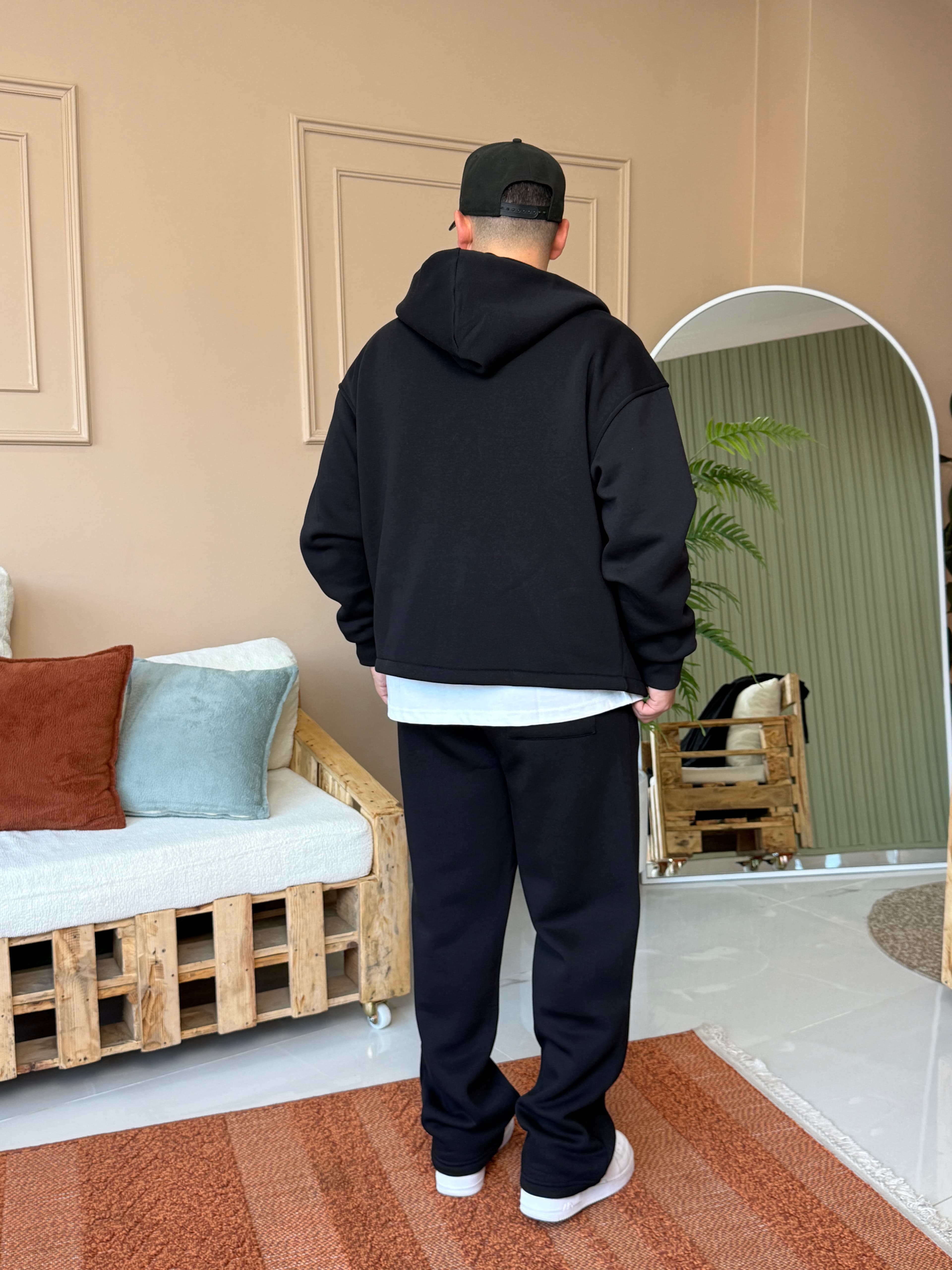Siyah Oversize Çift Fermuarlı Şardonlu Eşofman Takımı