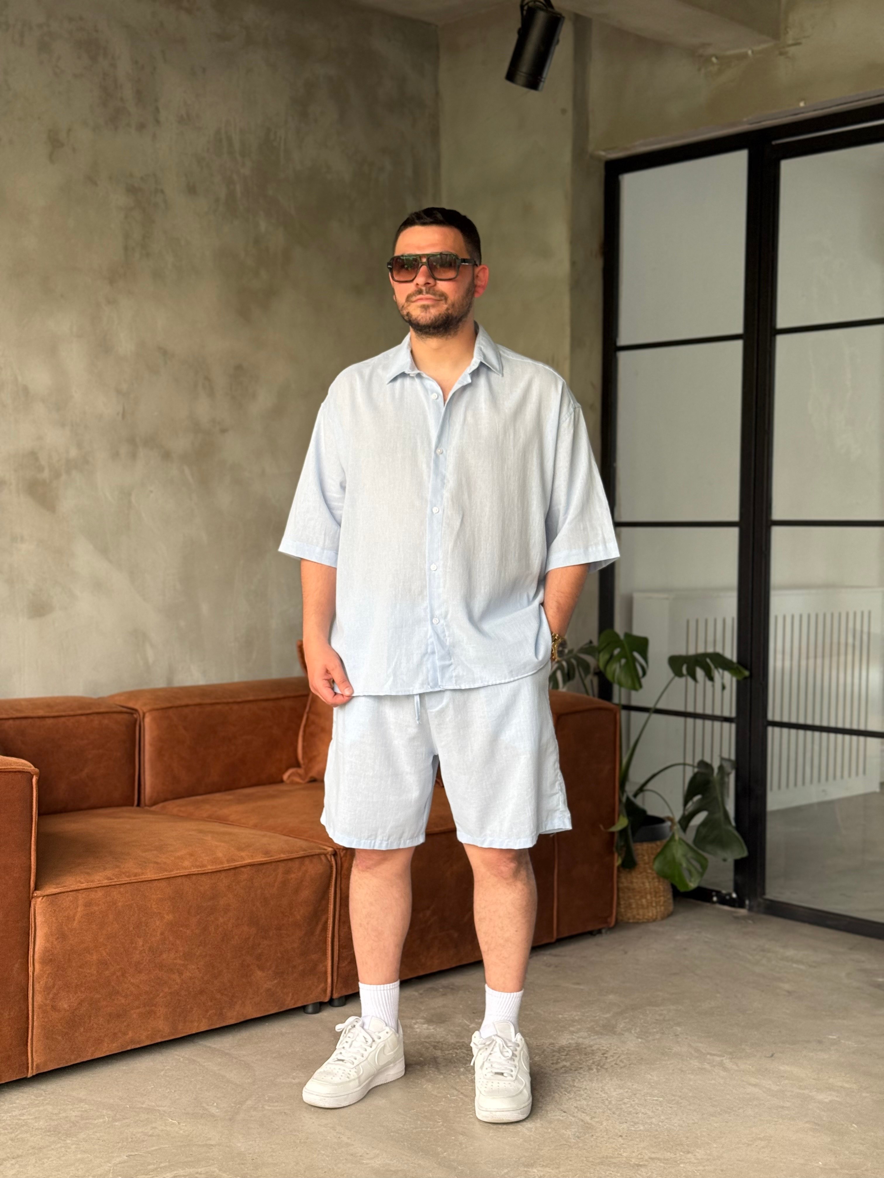 Bebe Mavisi Oversize Şortlu Keten Takım