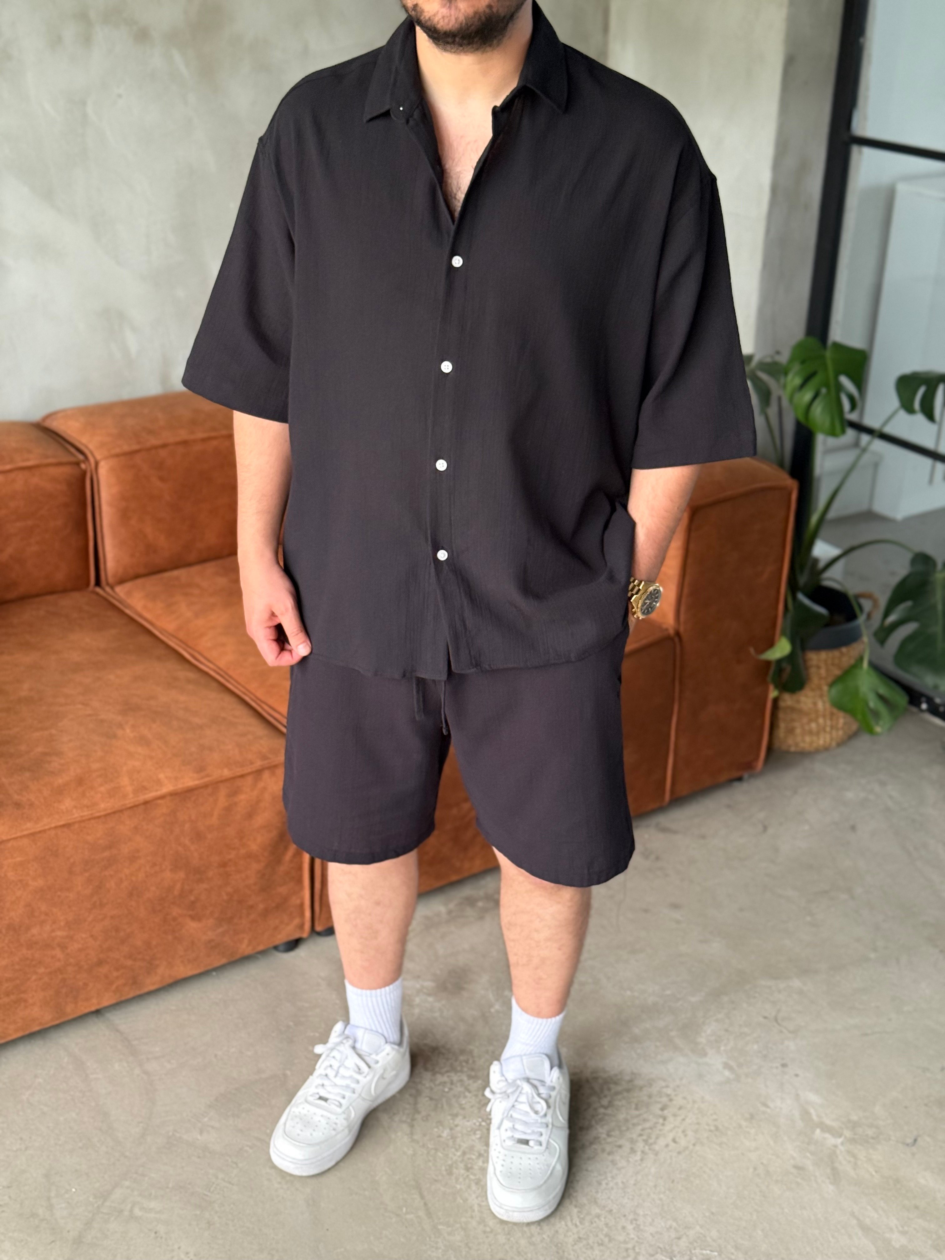 Siyah Oversize Şortlu Keten Takım