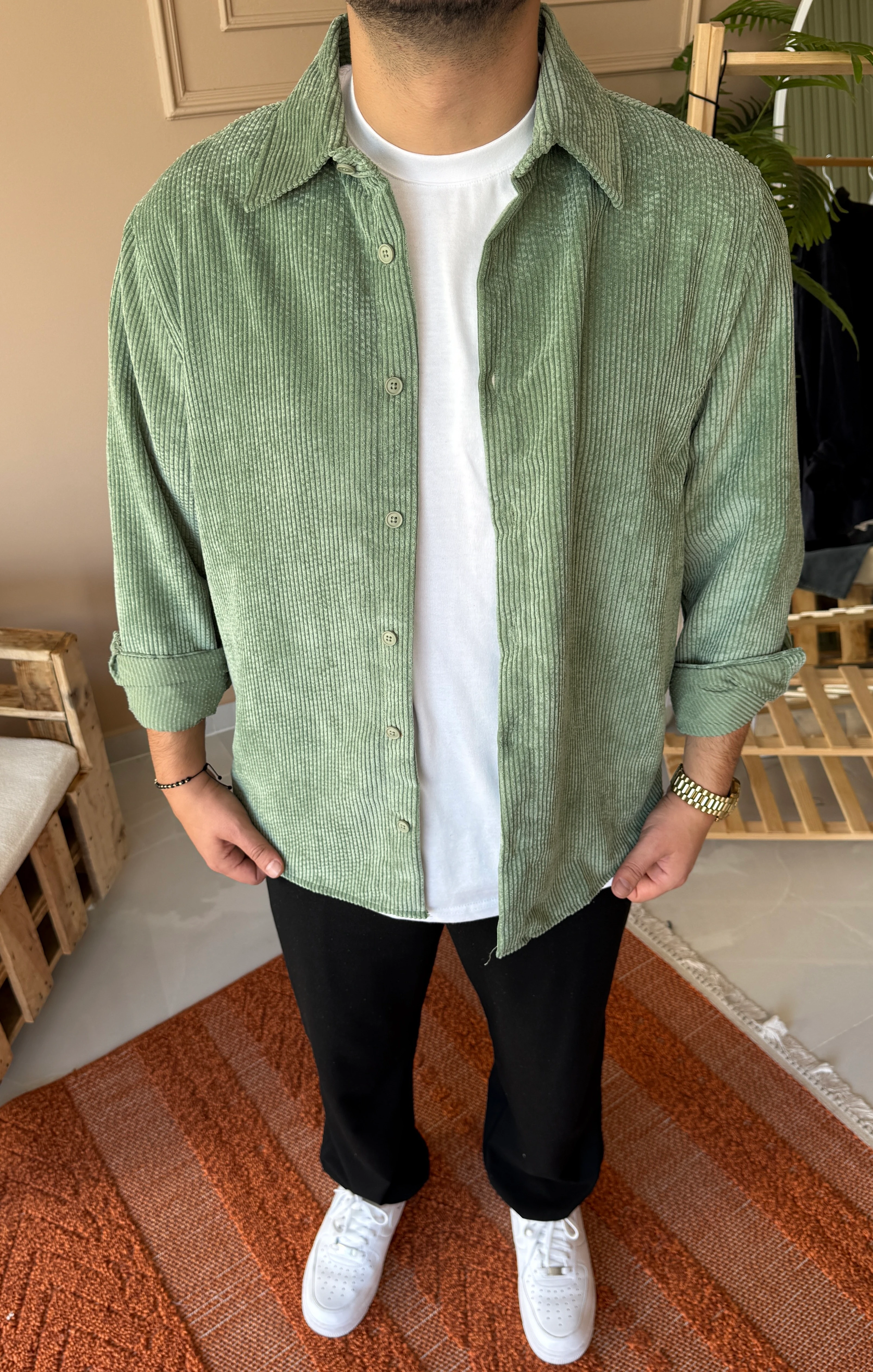 Yeşil Oversize Kadife Gömlek