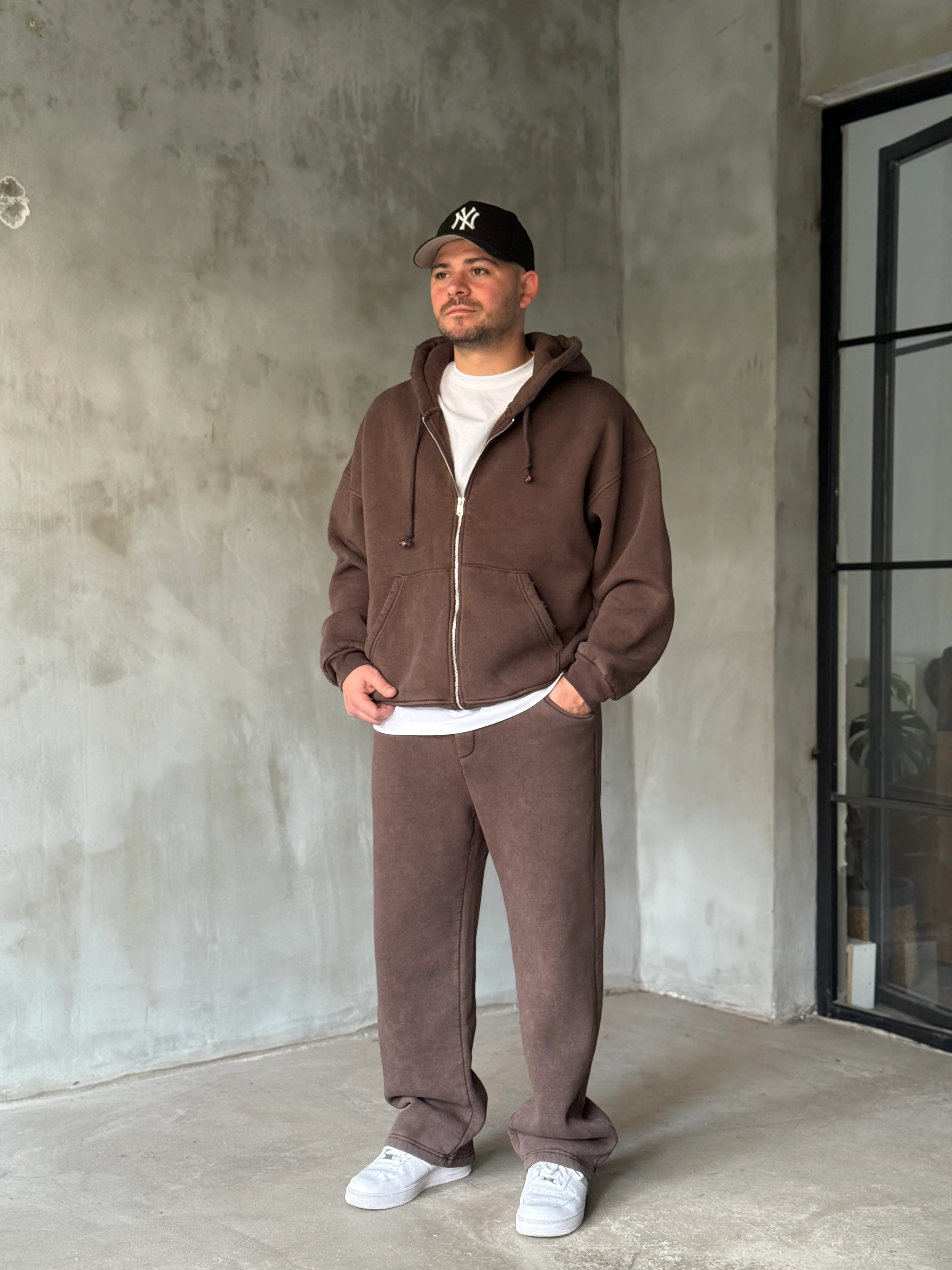 Kahverengi Yıkamalı Gramajlı Oversize Eşofman Takımı