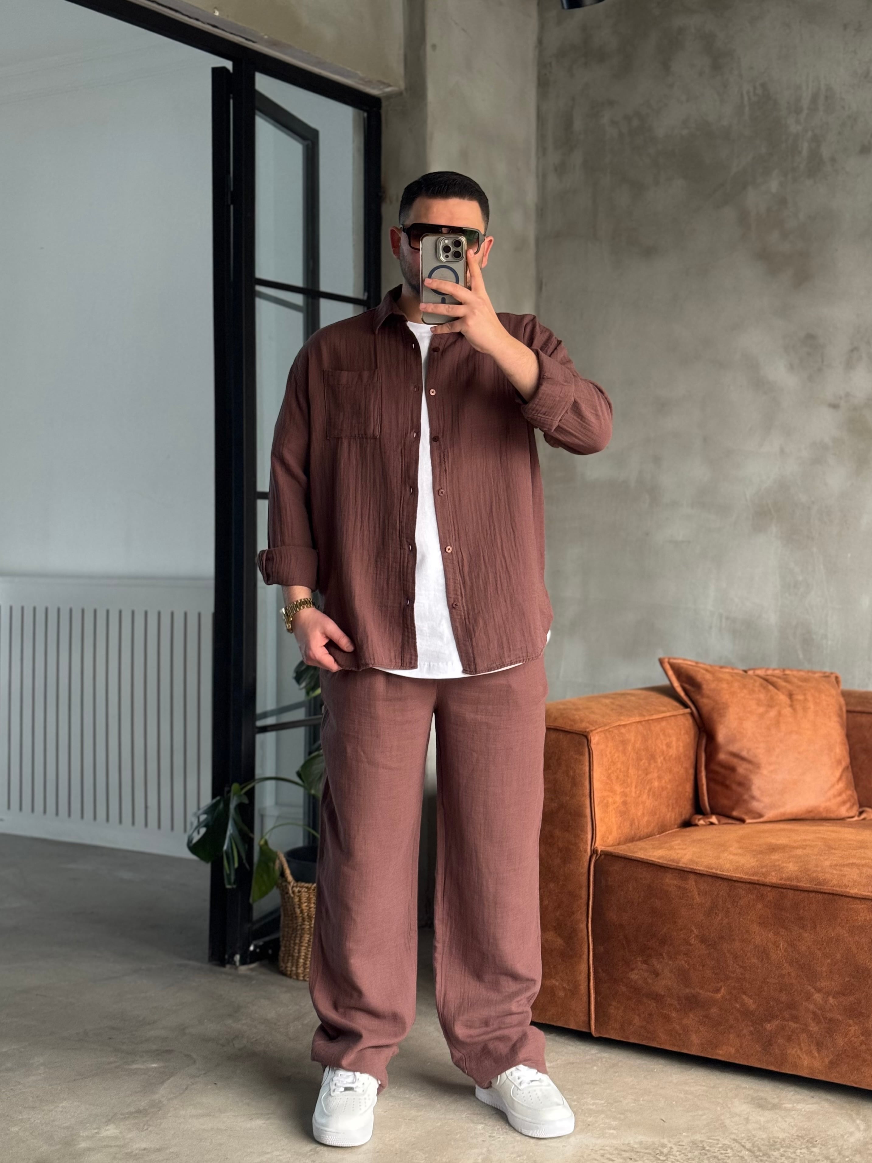 Kahverengi Oversize Müslin Takım