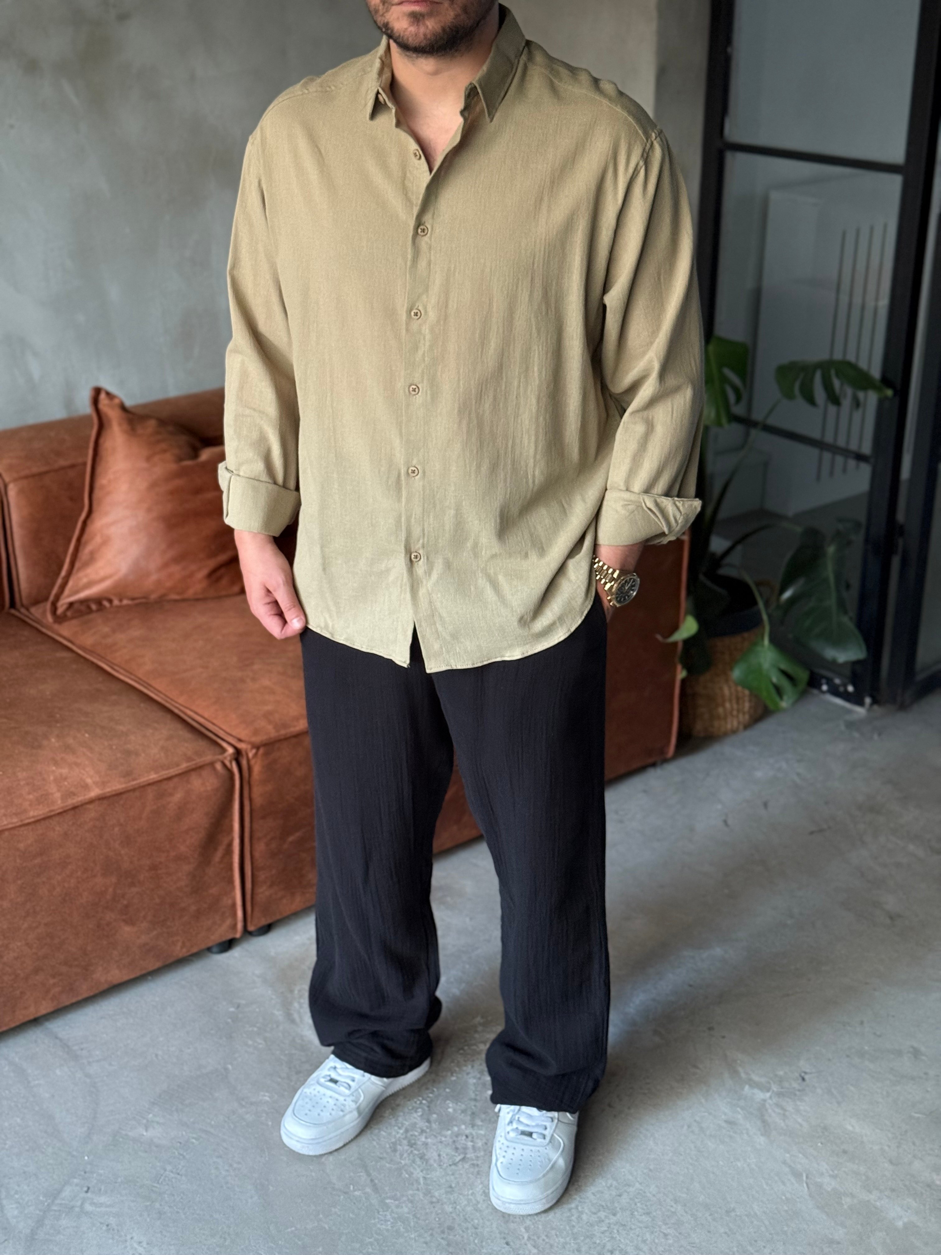 Yeşil Keten Oversize Gömlek