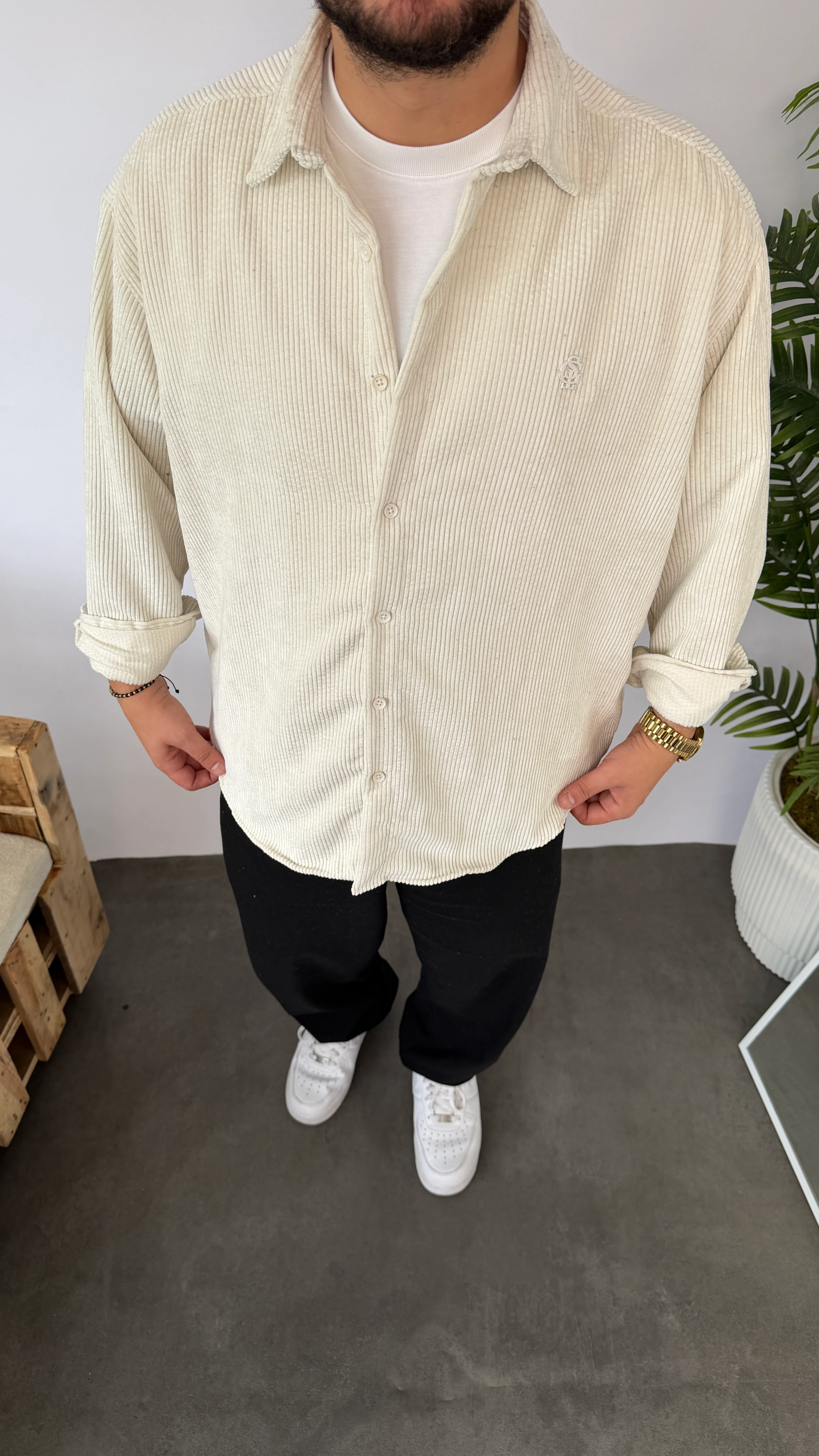 Giesto Ekru Kadife Oversize Gömlek