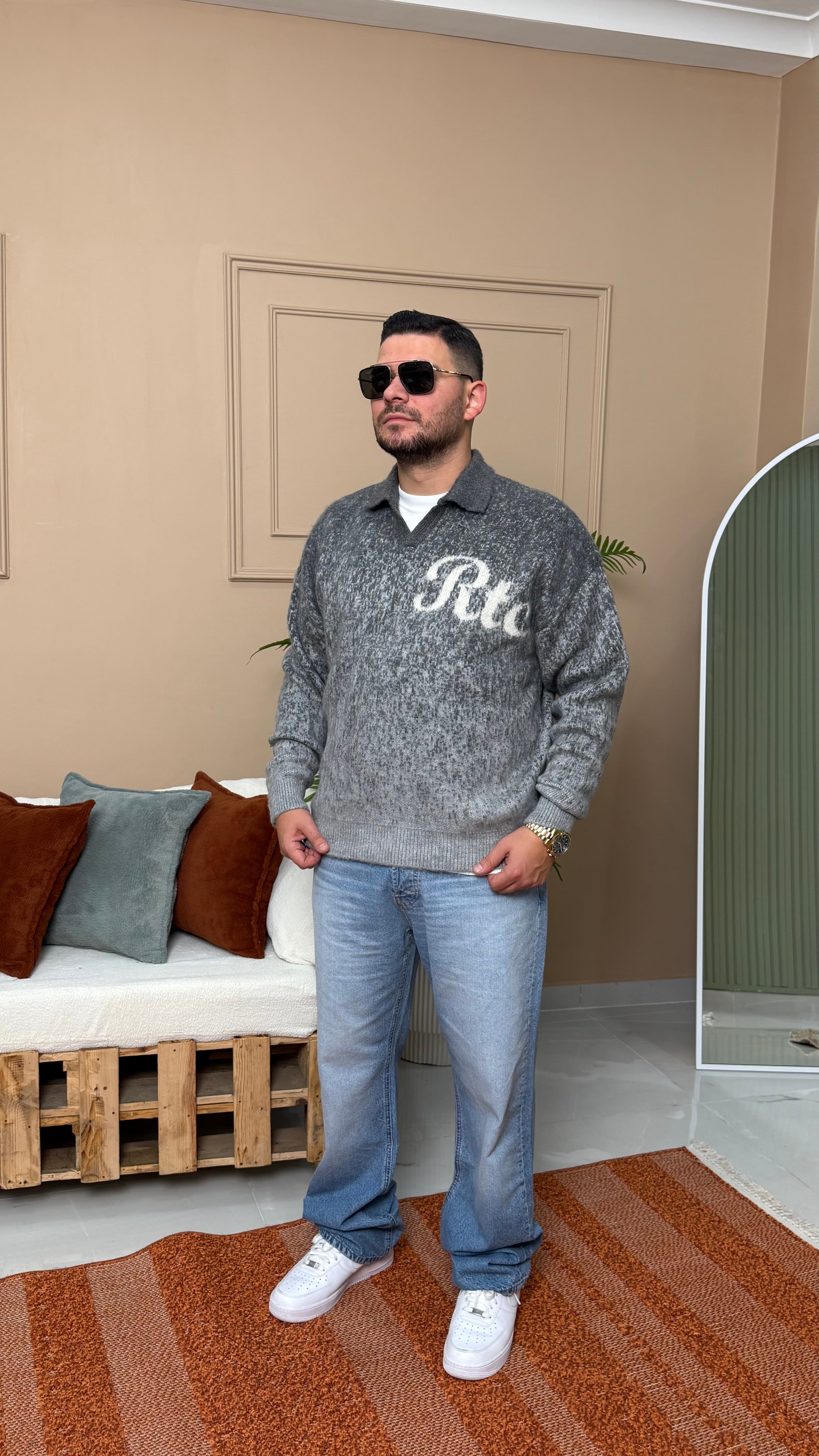 Gri Oversize RTC Baskılı Triko Sweatshirt