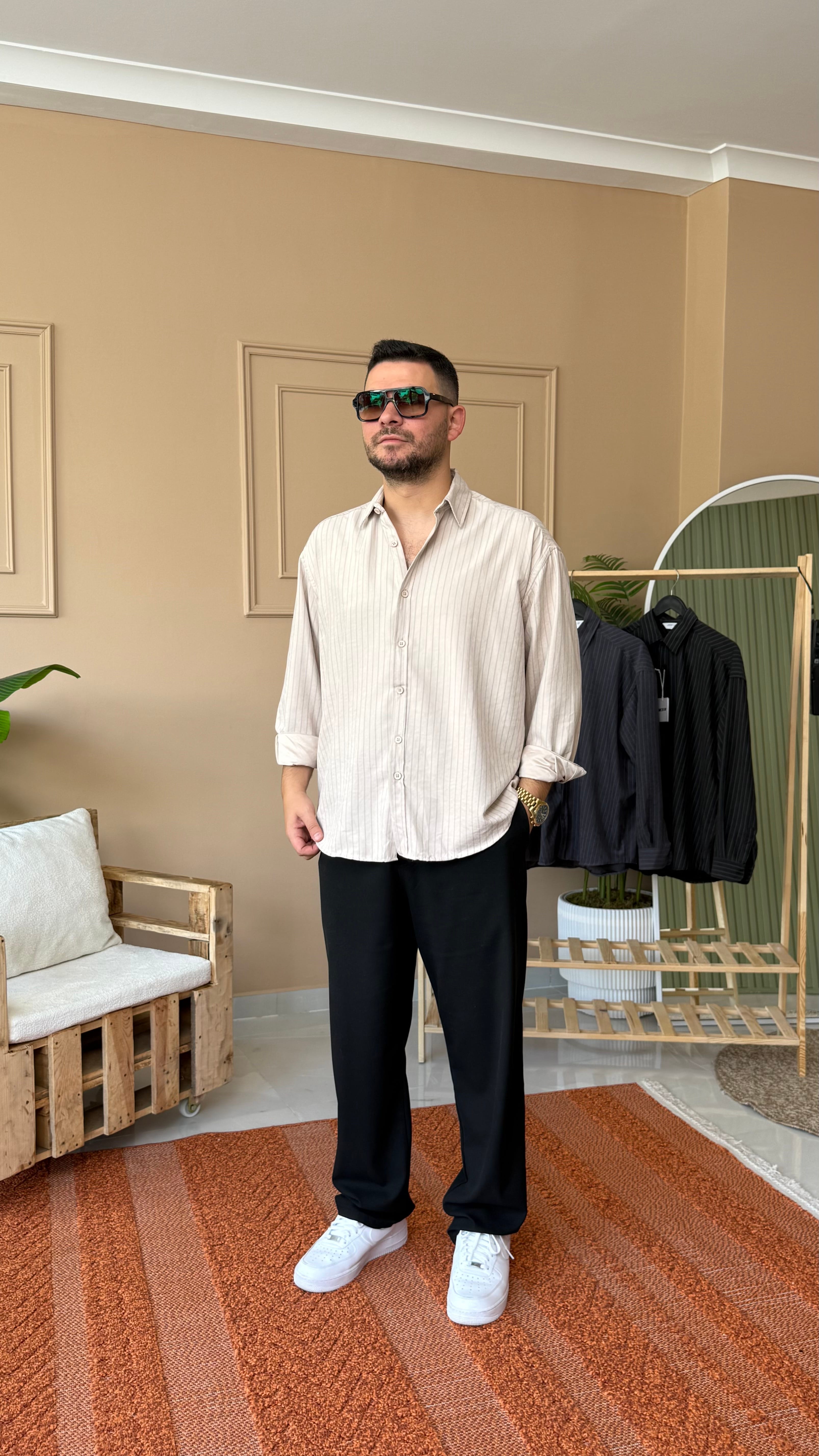 Krem Kalın Modal Oversize Gömlek