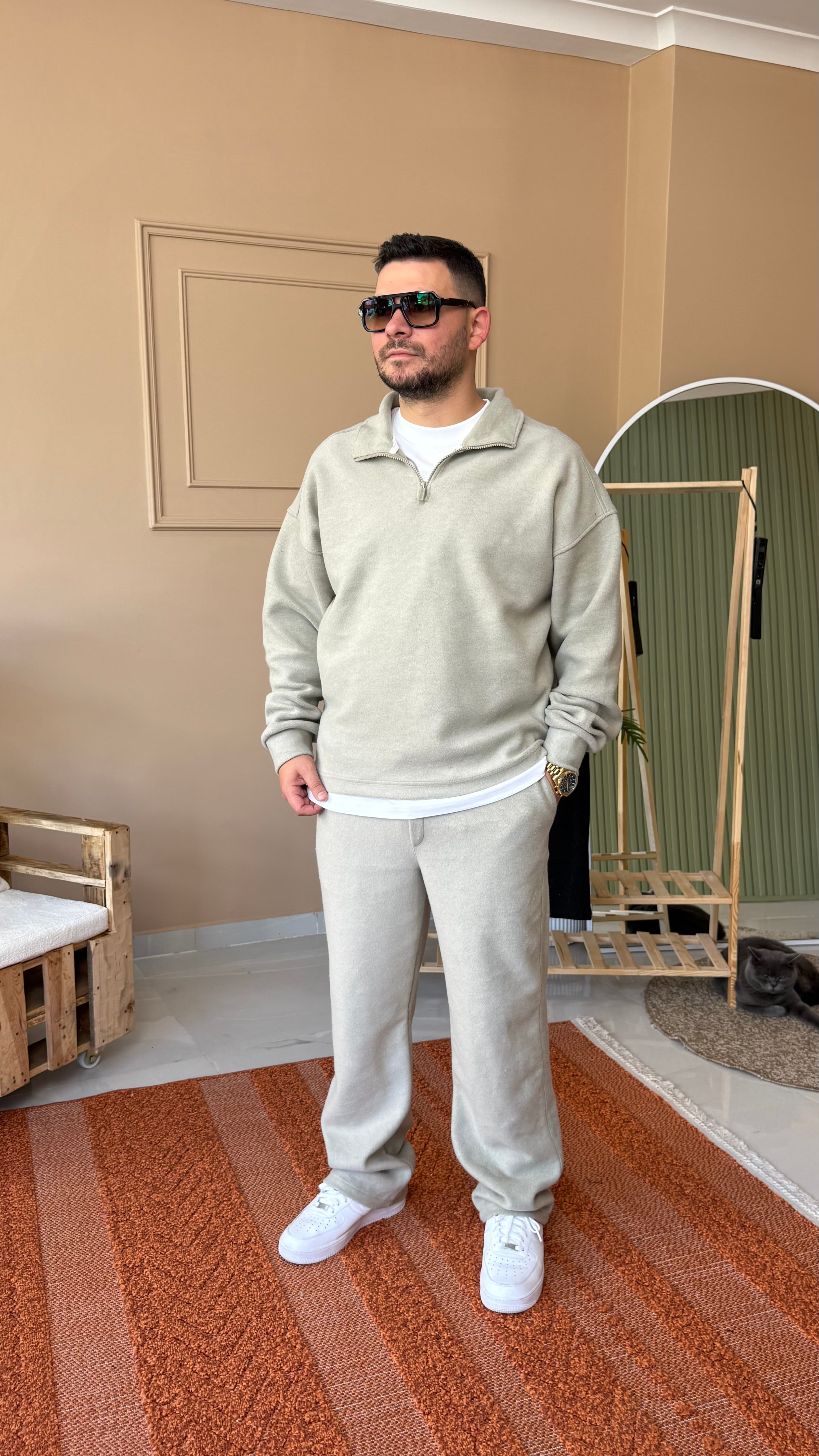 Taş Rengi Premium Kalite Kaşe Yarım Fermuarlı Oversize Takım