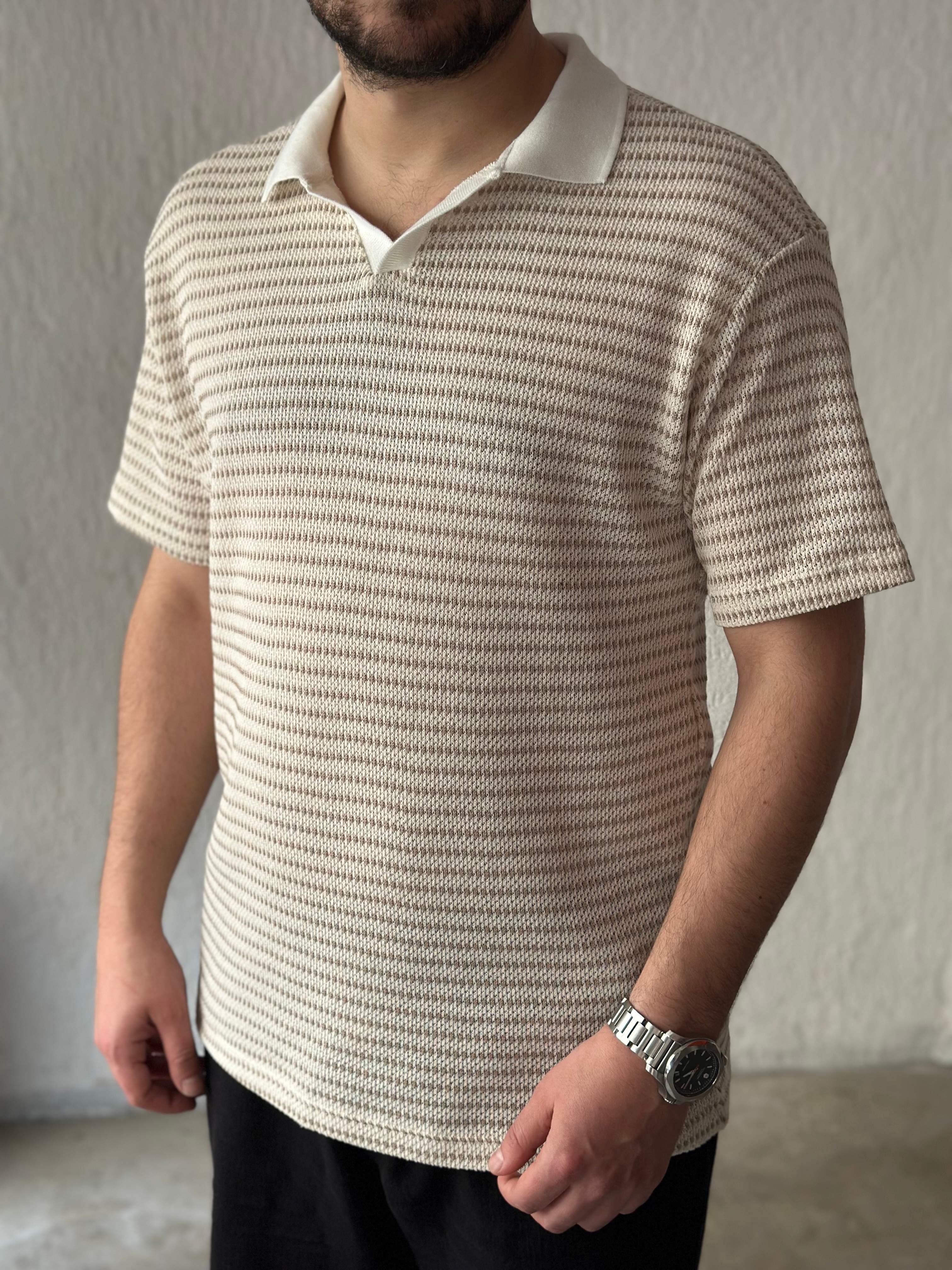 Örme Kumaş Polo Yaka Bej Detaylı Oversize T-Shirt