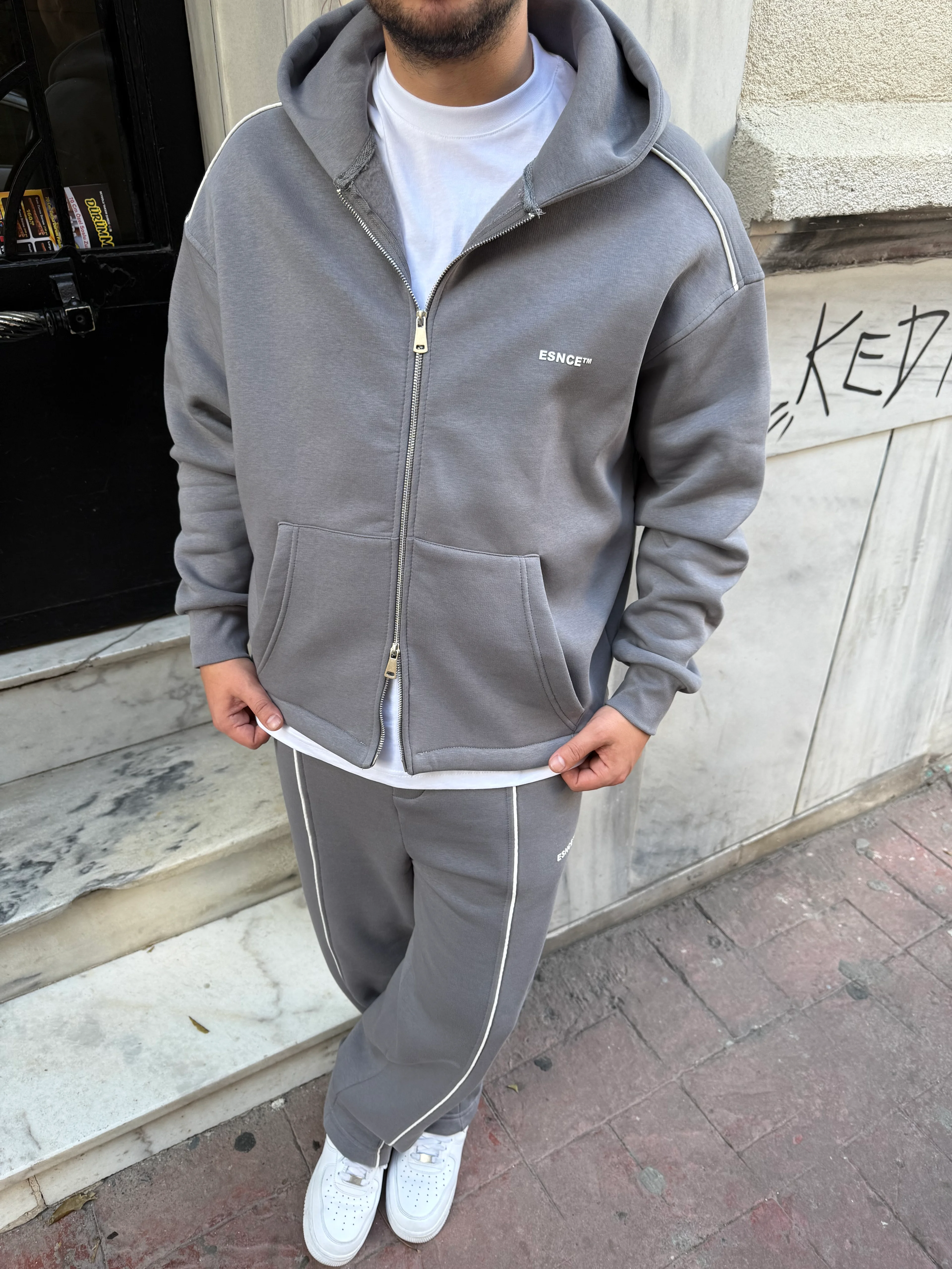 Gri Oversize Çift Fermuarlı Şardonlu Eşofman Takımı