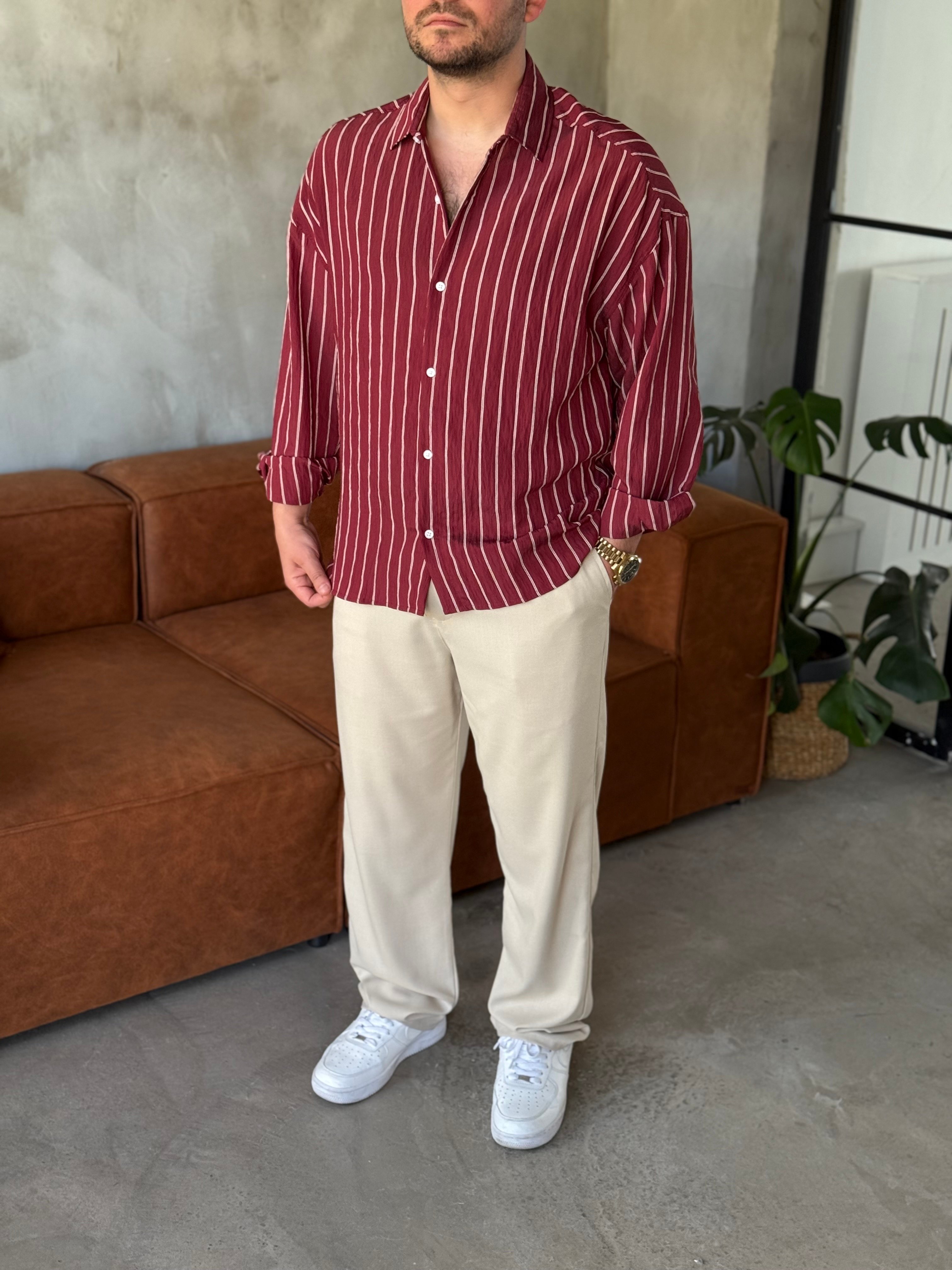 Bordo Çizgili Oversize Gömlek