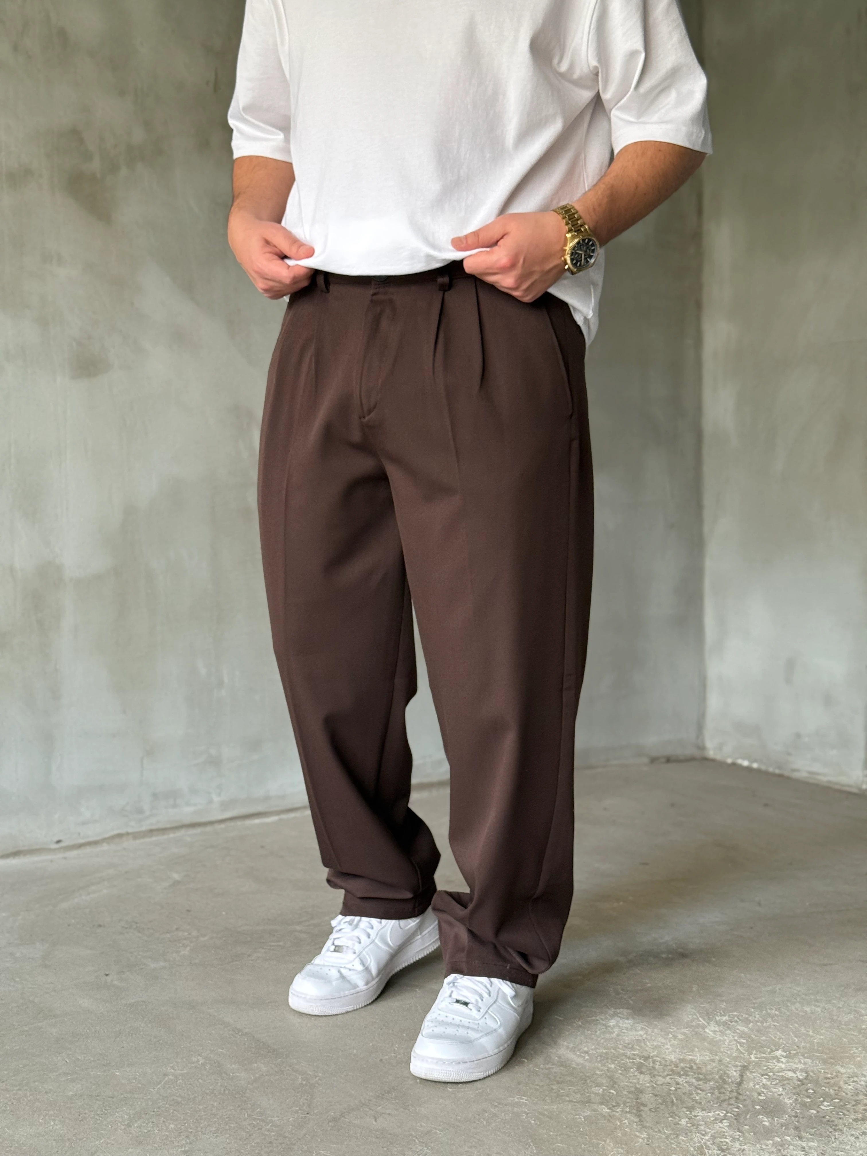 Kahverengi Pileli Kışlık Kumaş Pantolon