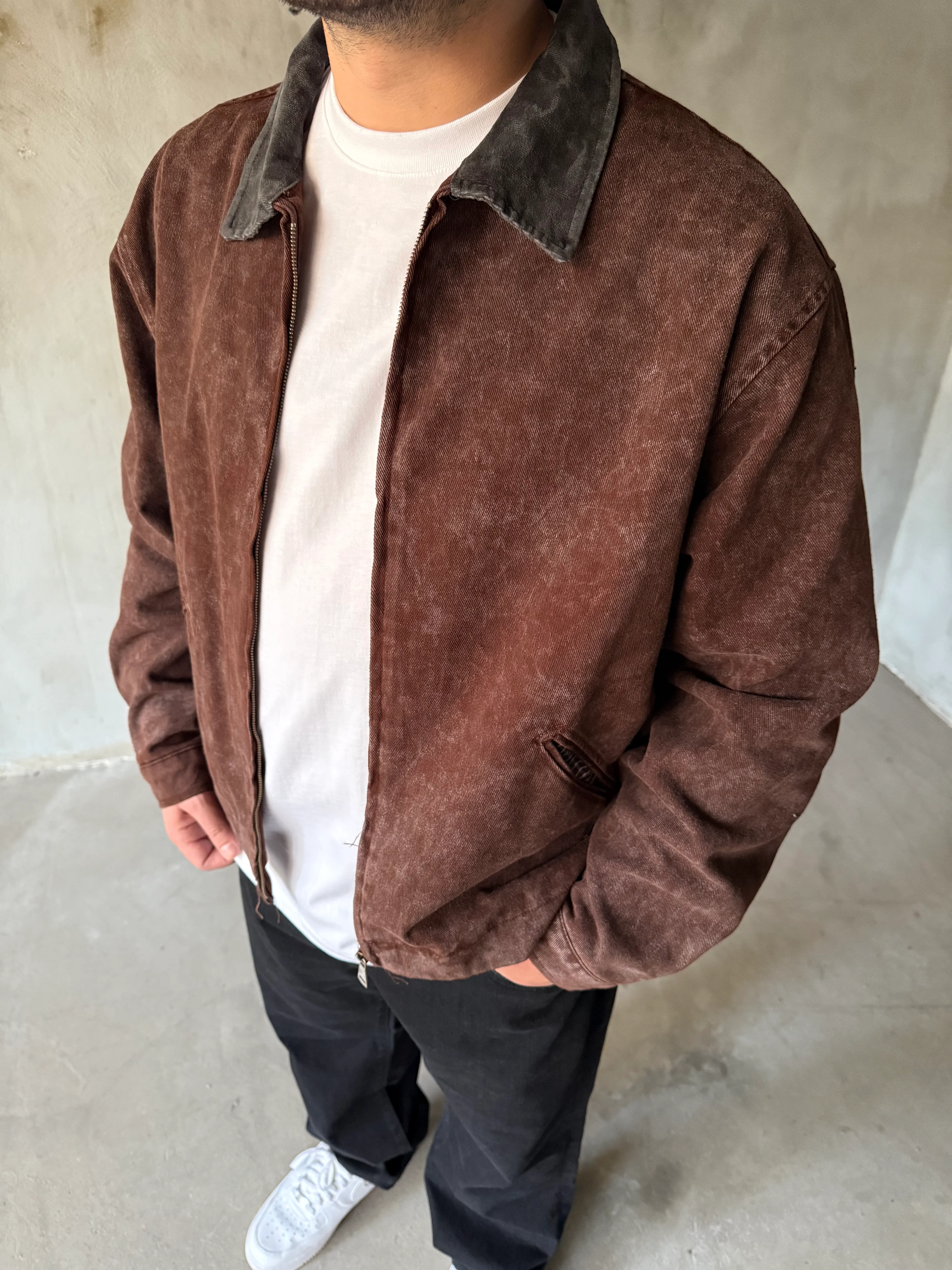 Kahverengi Yıkamalı Ekose Detaylı Kot Ceket