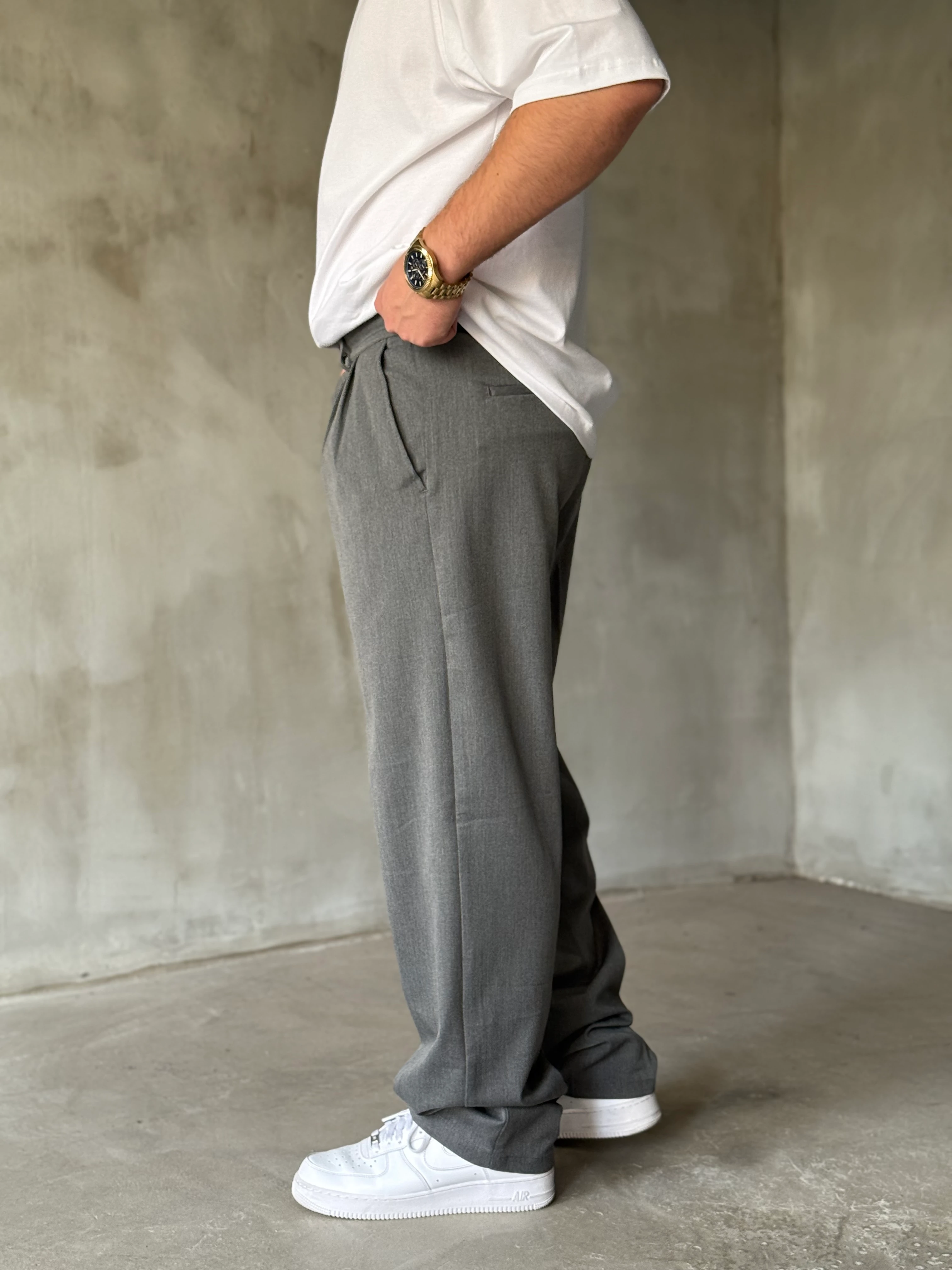 Gri Pileli Kışlık Kumaş Baggy Kumaş Pantolon