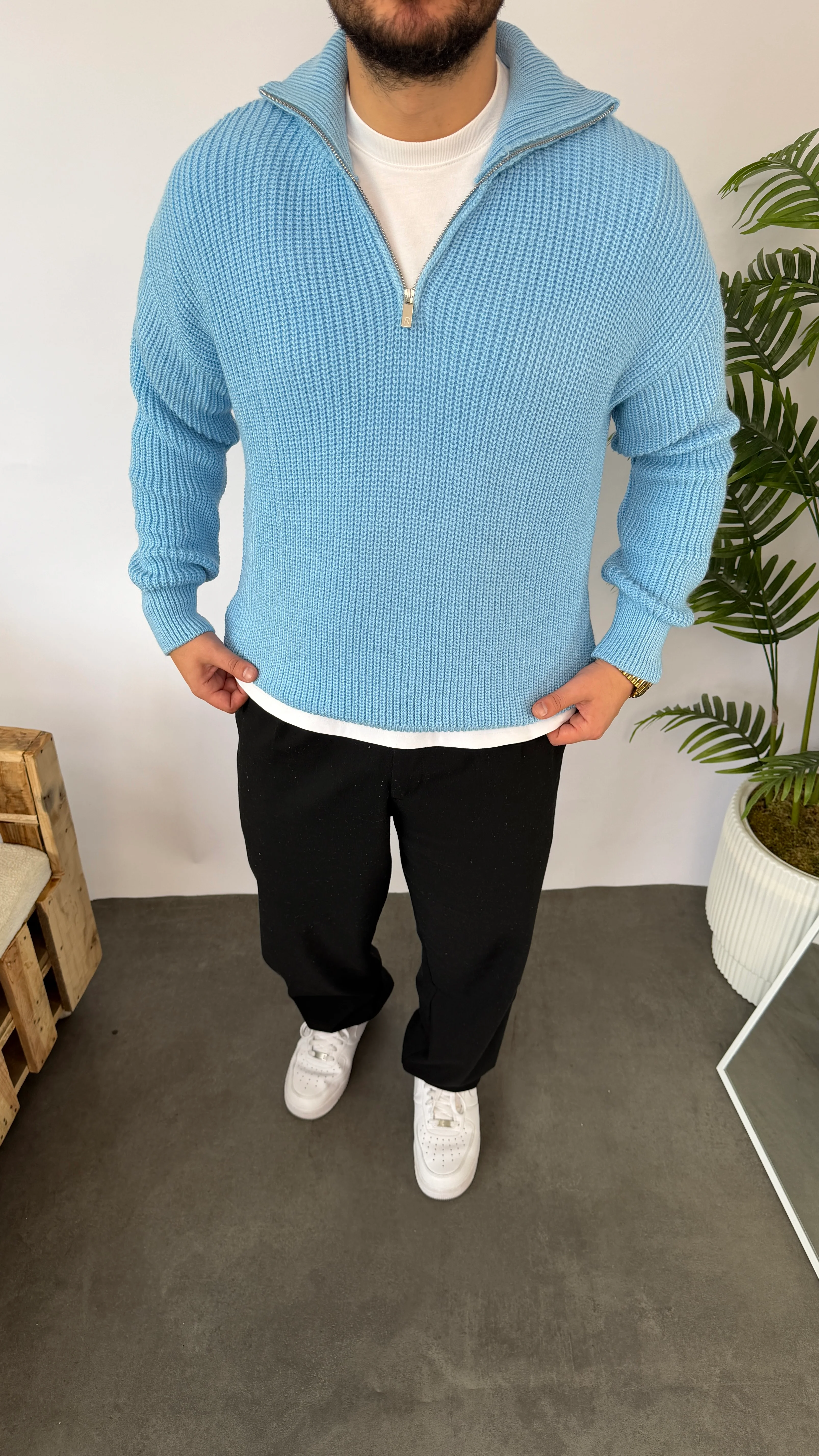 Bebe Mavisi Yarım Fermuarlı Oversize Triko Kazak