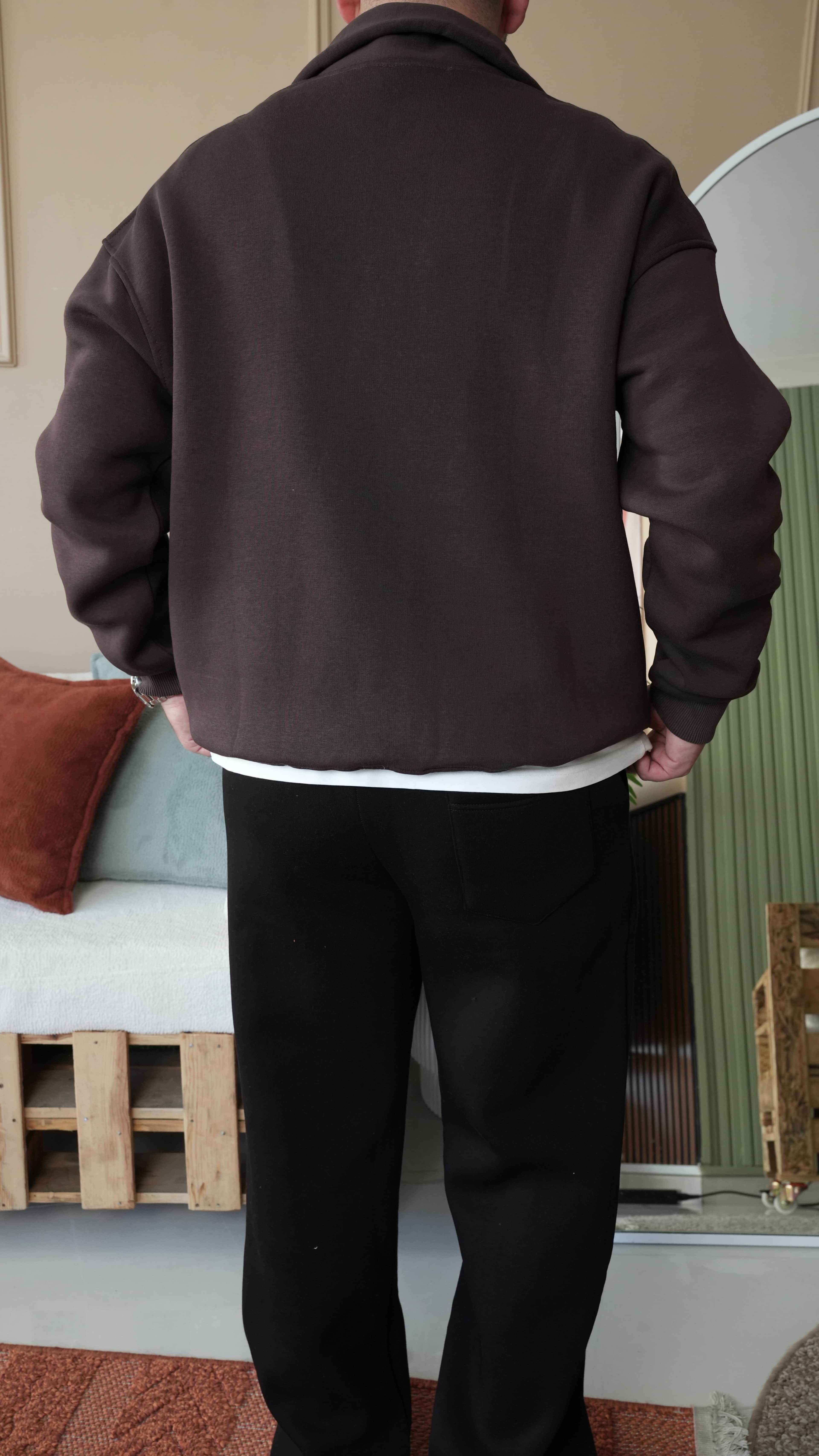 Essence Nakışlı Yarım Fermuarlı Oversize Kahverengi Sweatshirt