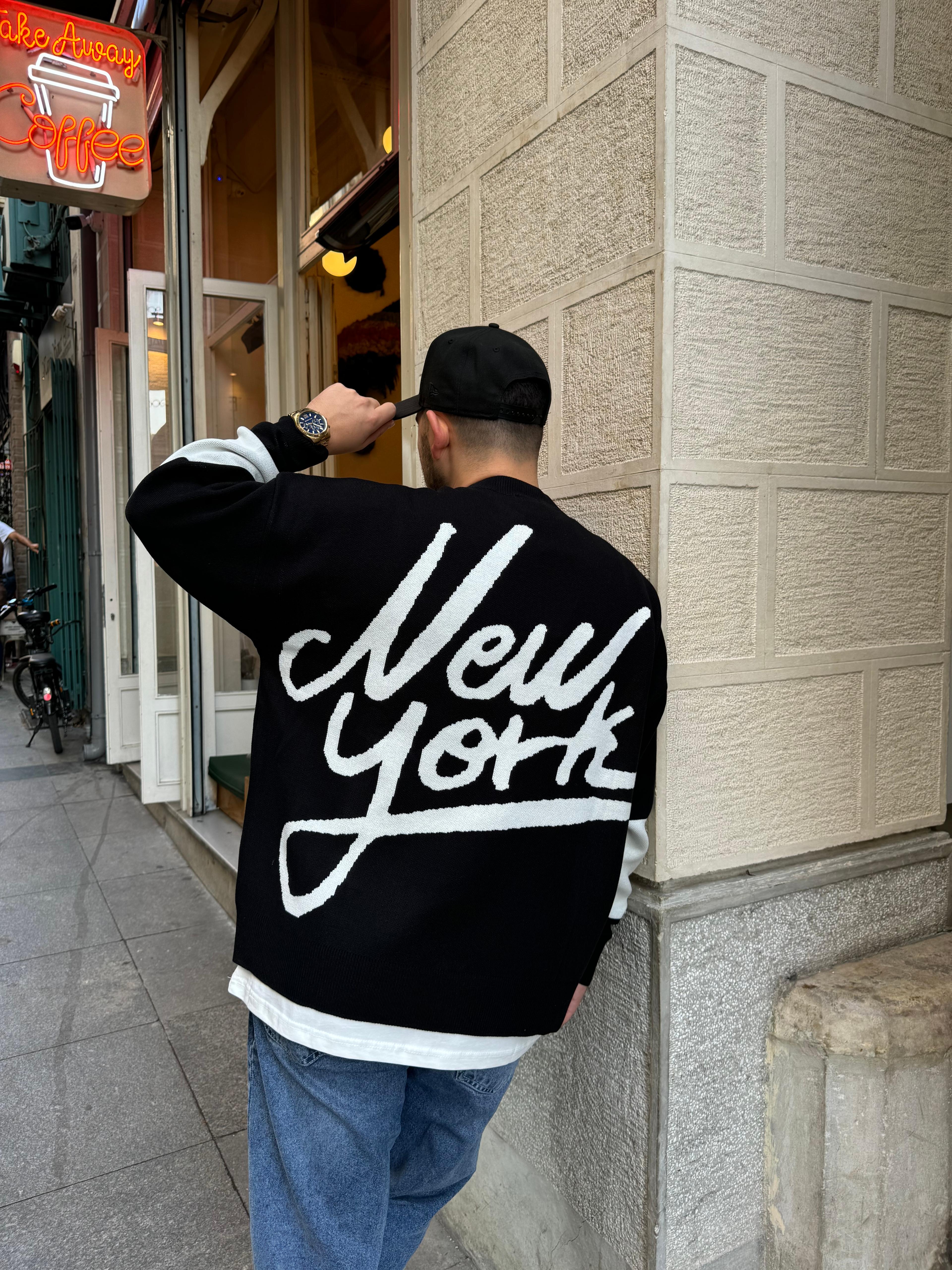 Siyah New York İşlemeli Oversize Örme Triko Sweatshirt