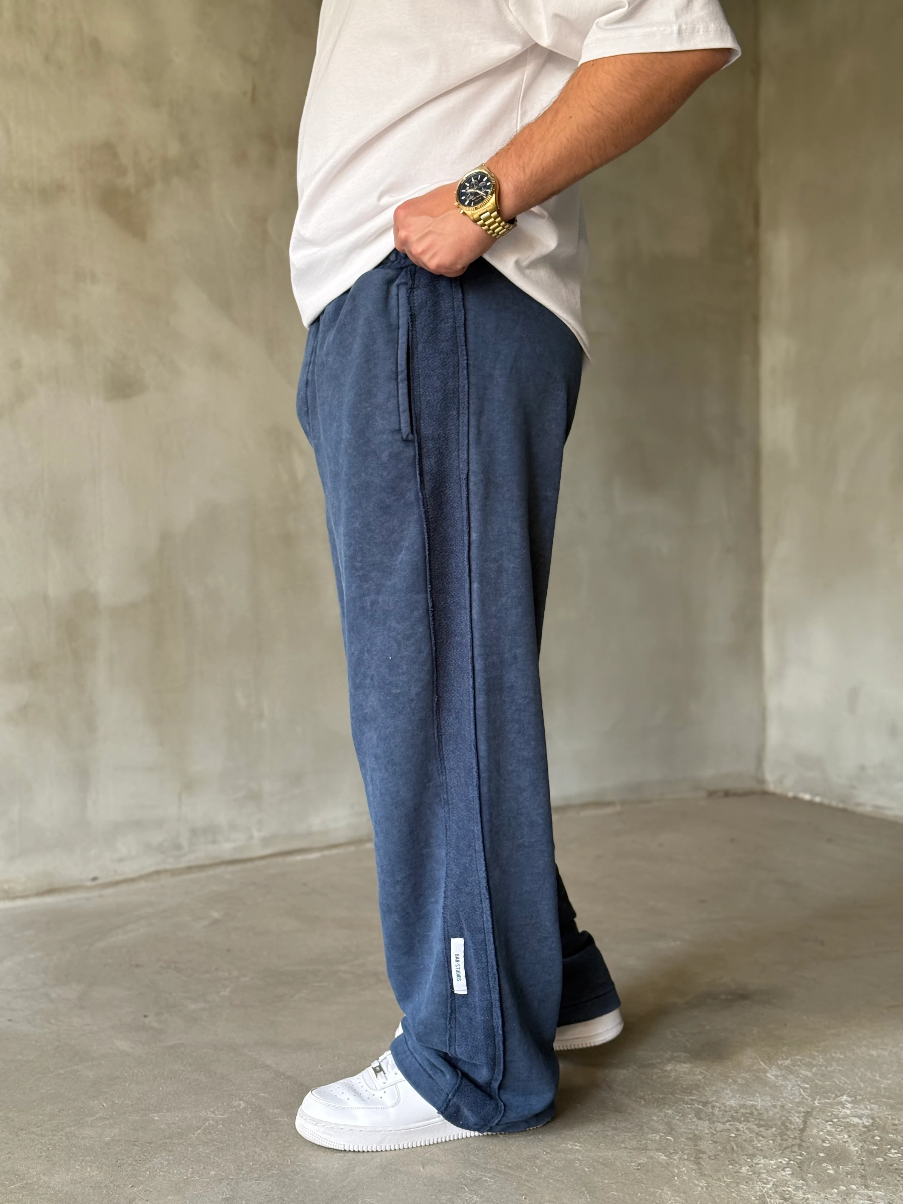 Lacivert Yıkamalı Şerit Detaylı Baggy Eşofman Altı