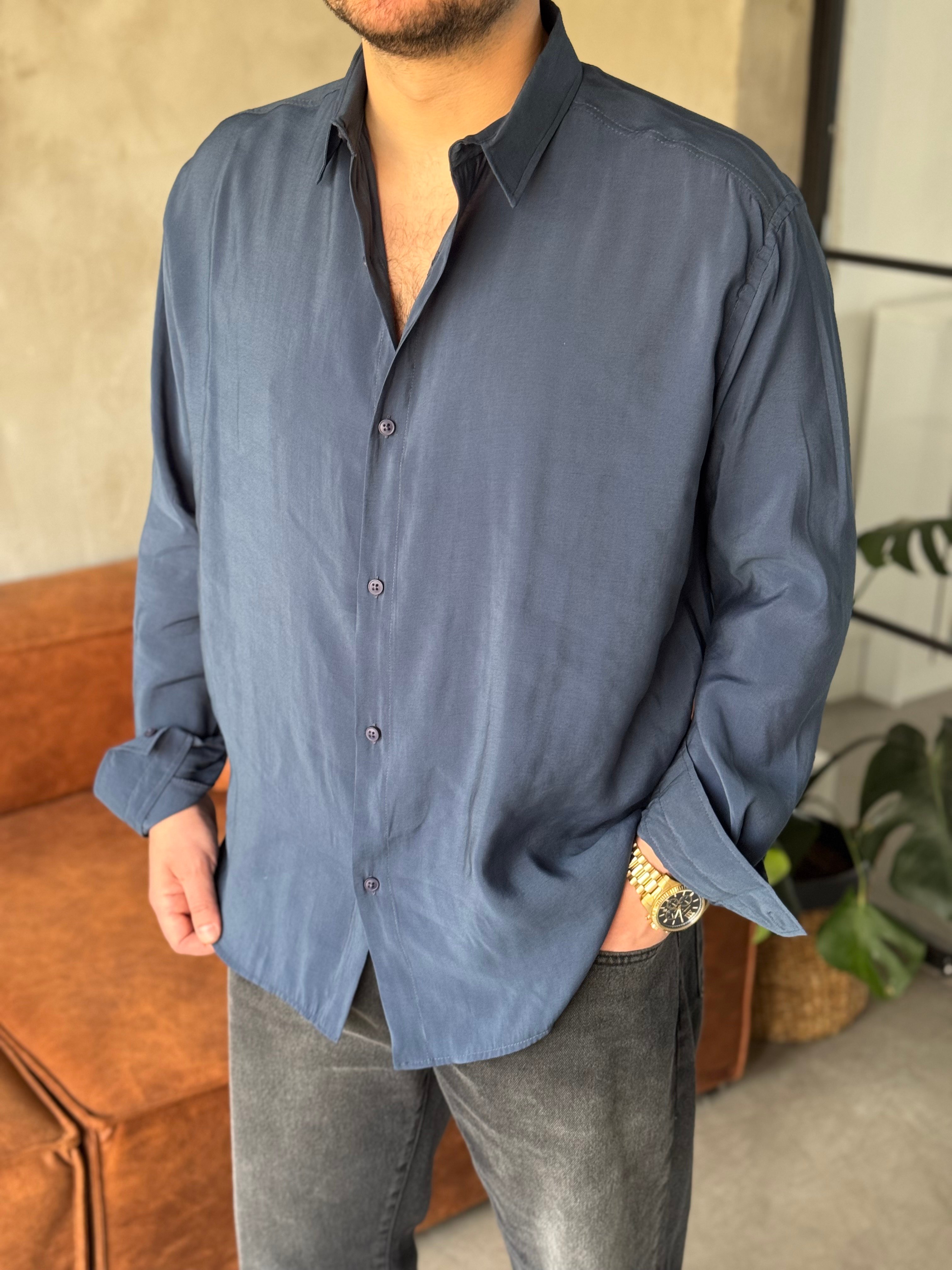 Lacivert Tensel Kumaş Oversize Gömlek