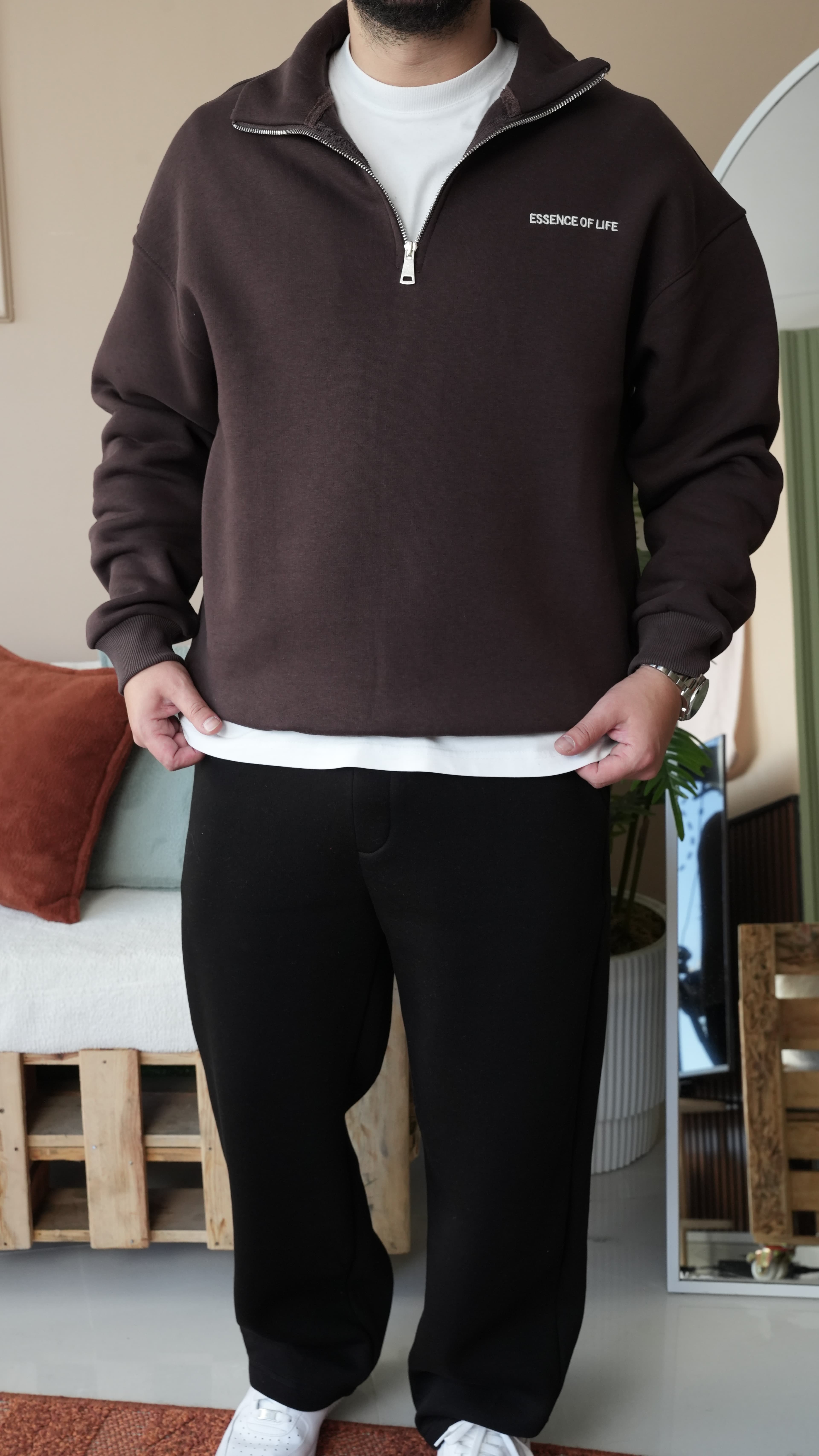 Essence Nakışlı Yarım Fermuarlı Oversize Kahverengi Sweatshirt