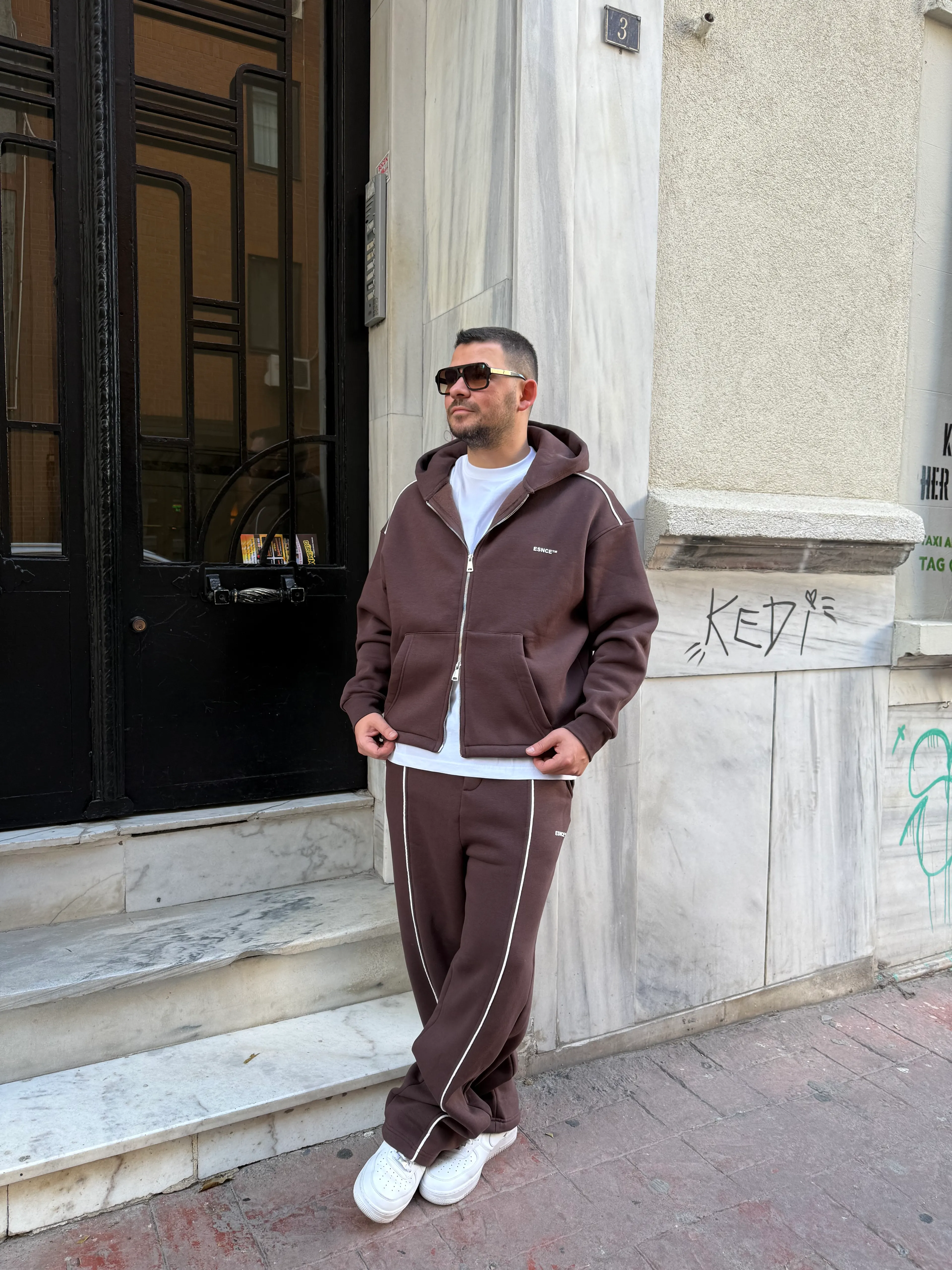 Kahverengi Oversize Çift Fermuarlı Şardonlu Eşofman Takımı