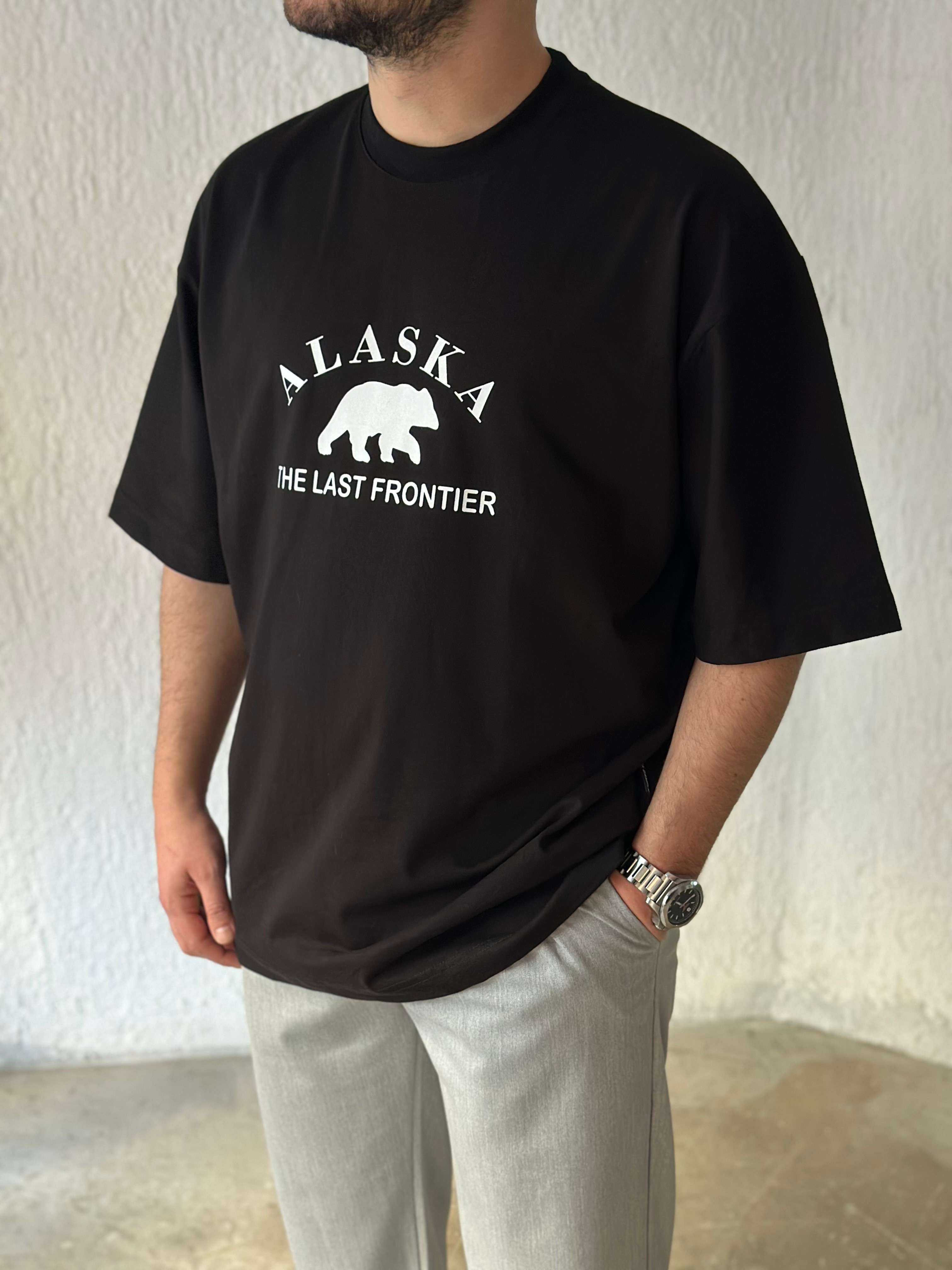 Alaska Baskılı Siyah Oversize T-Shirt