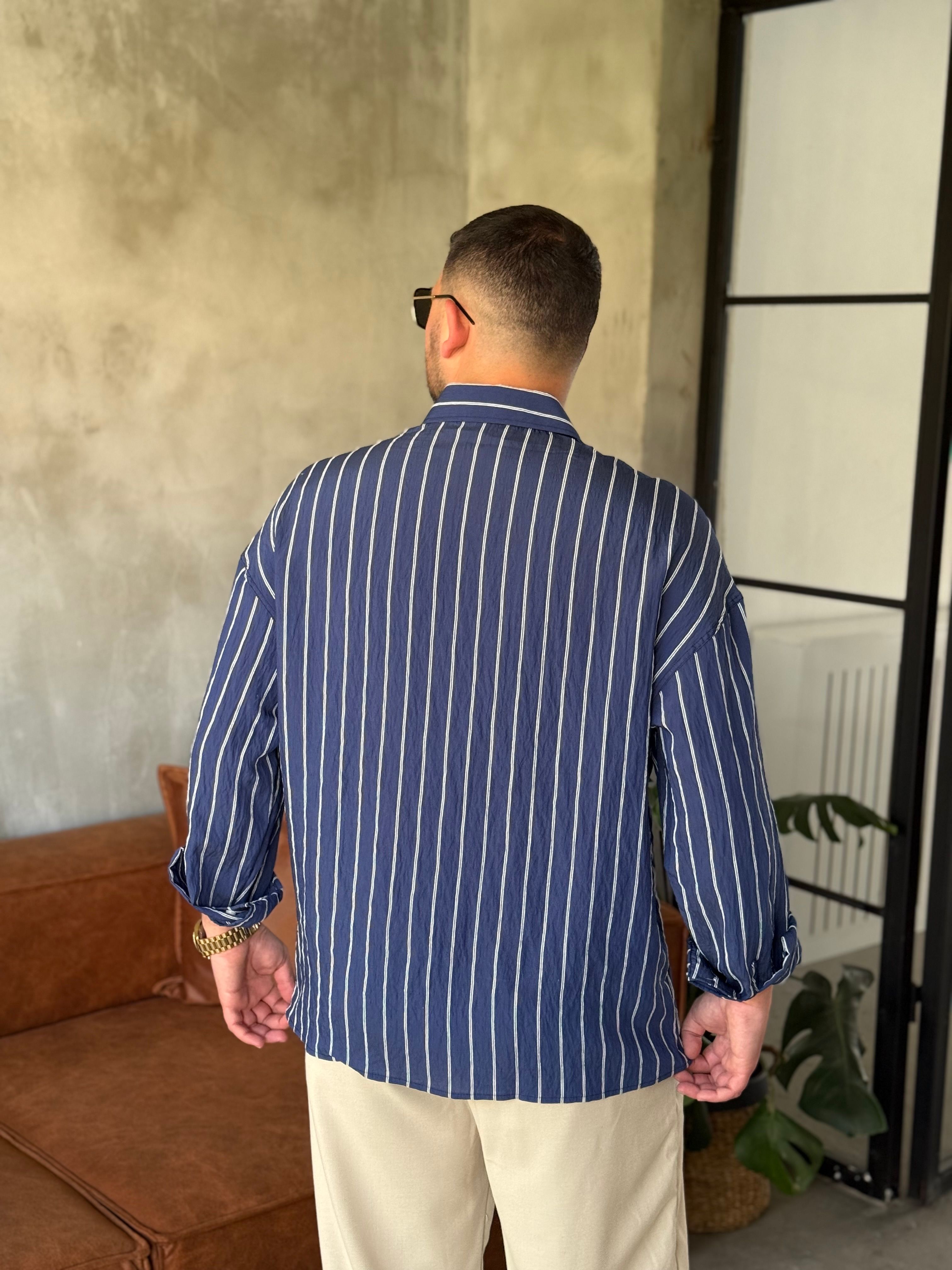 Lacivert Çizgili Oversize Gömlek