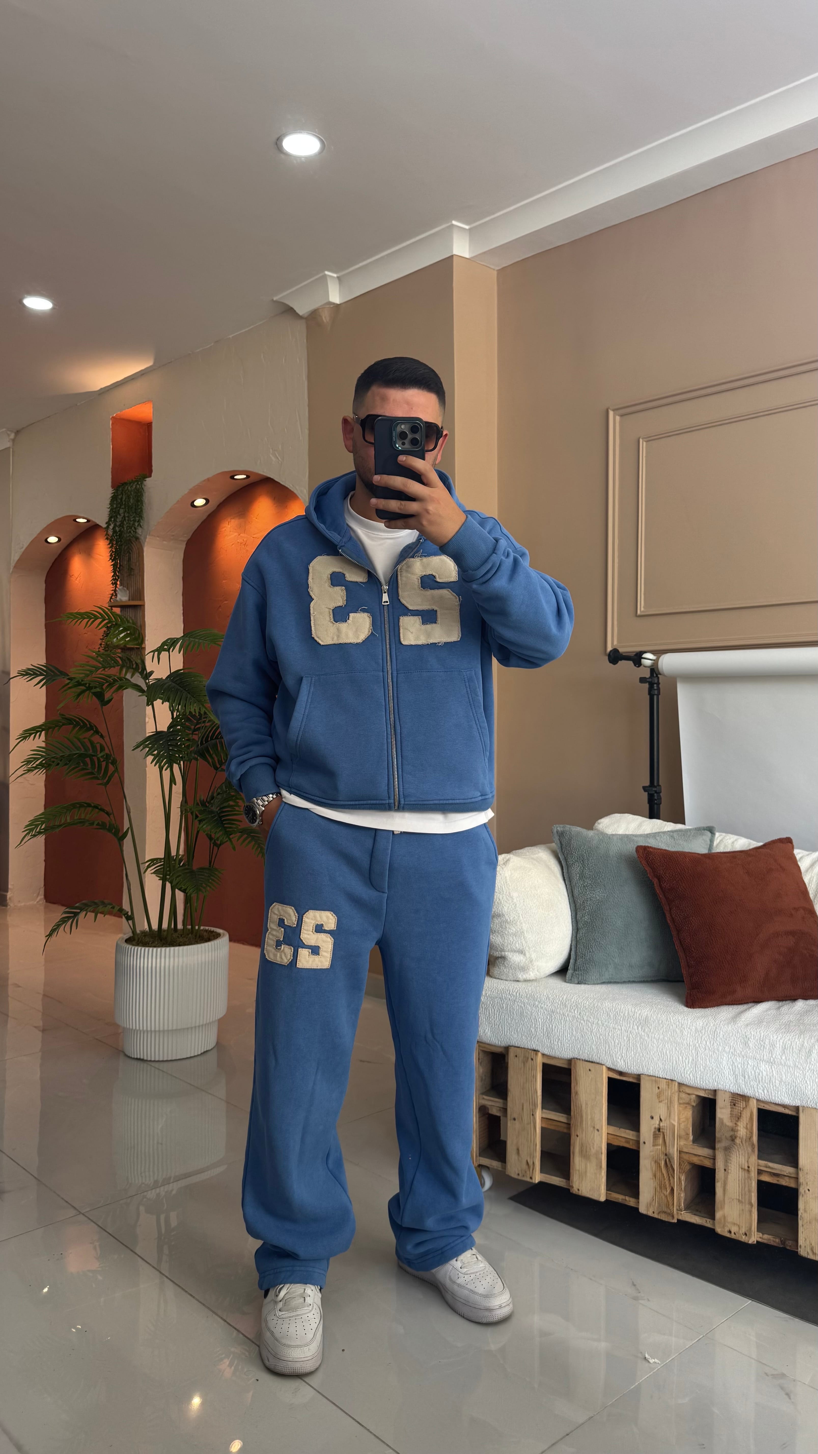 Yıkamalı Mavi Oversize Tam Fermuarlı Şardonlu Eşofman Takımı