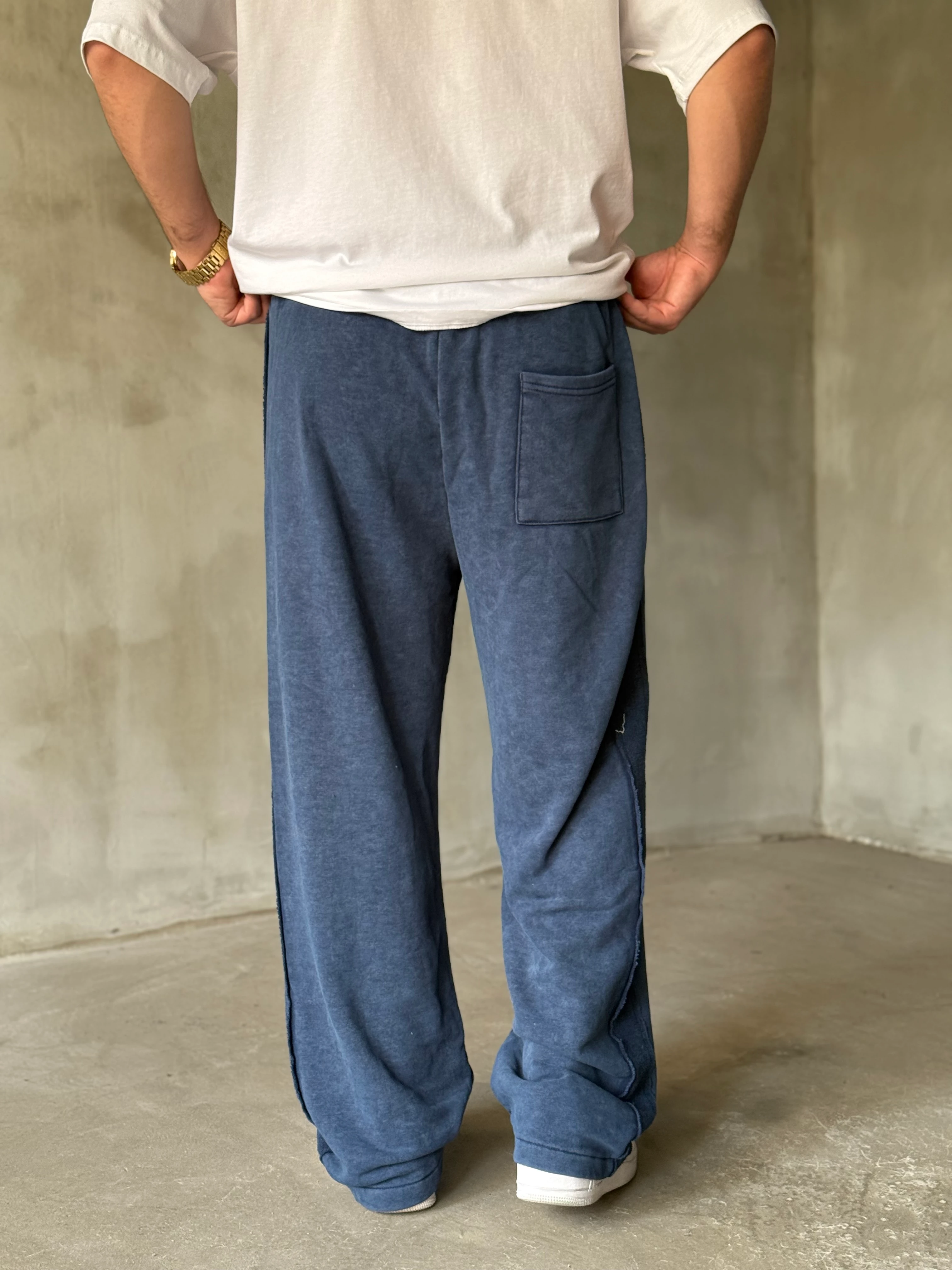 Lacivert Yıkamalı Şerit Detaylı Baggy Eşofman Altı