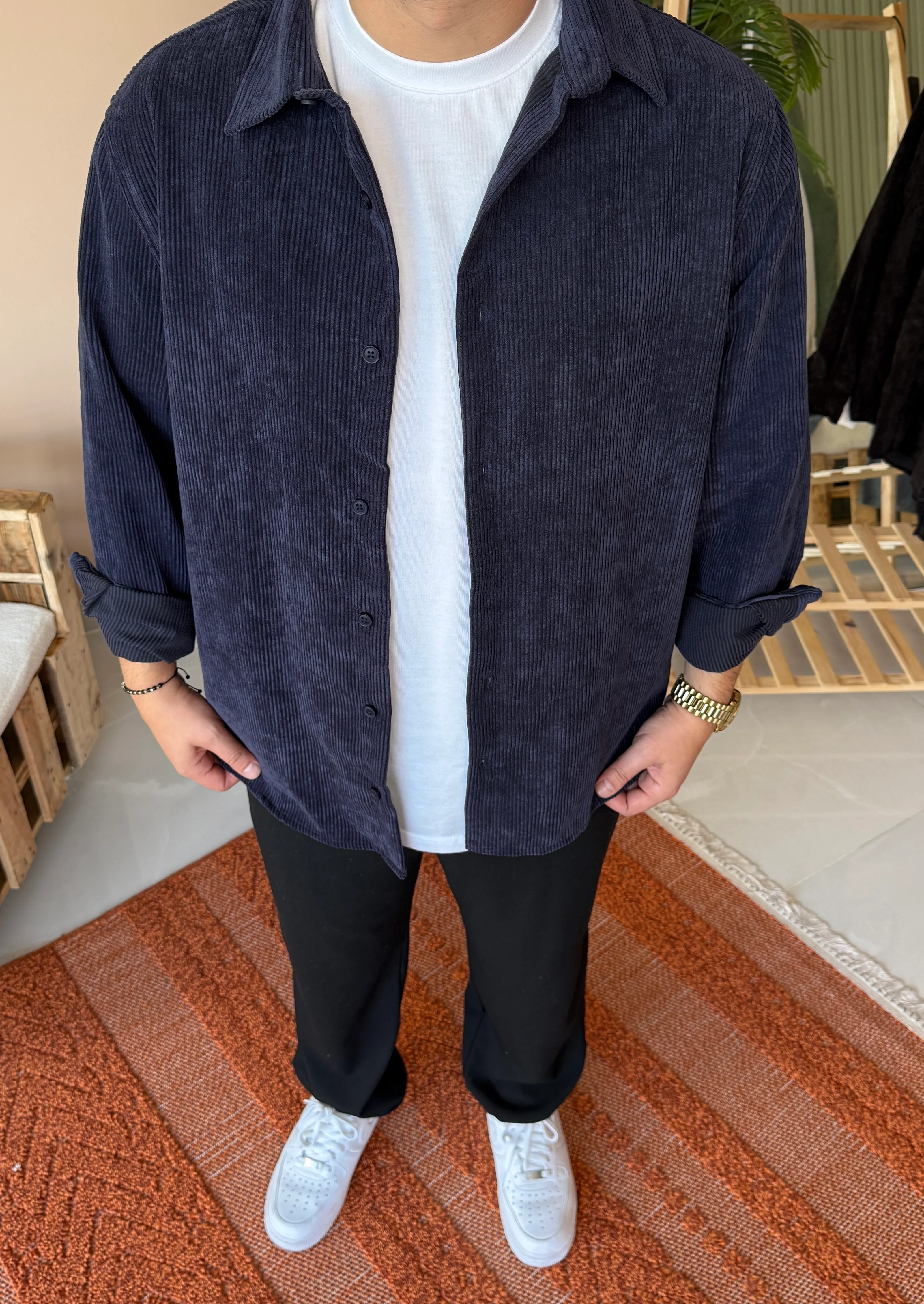 Lacivert Oversize Kadife Gömlek