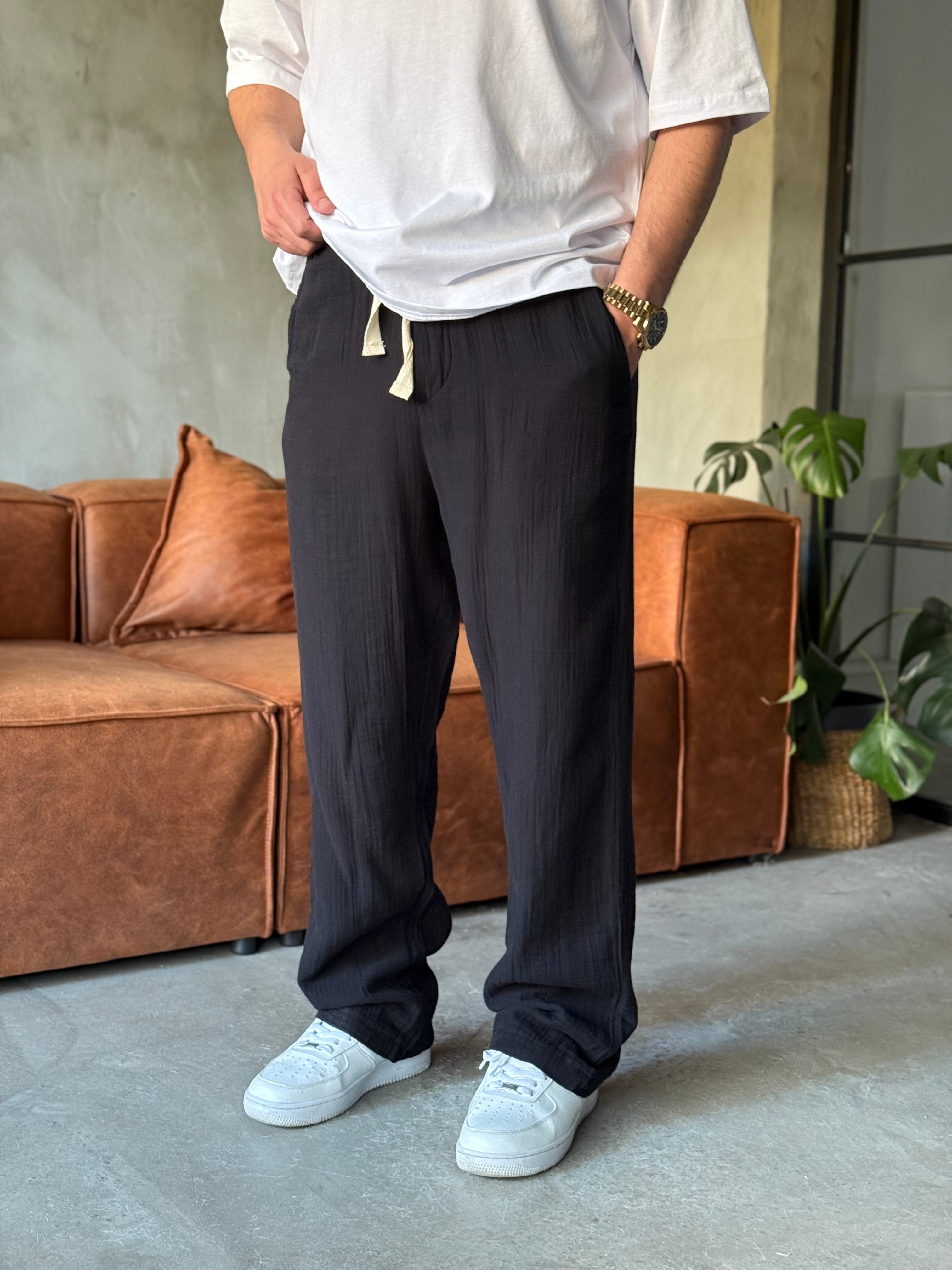 Siyah Baggy Pamuklu Müslin Pantolon