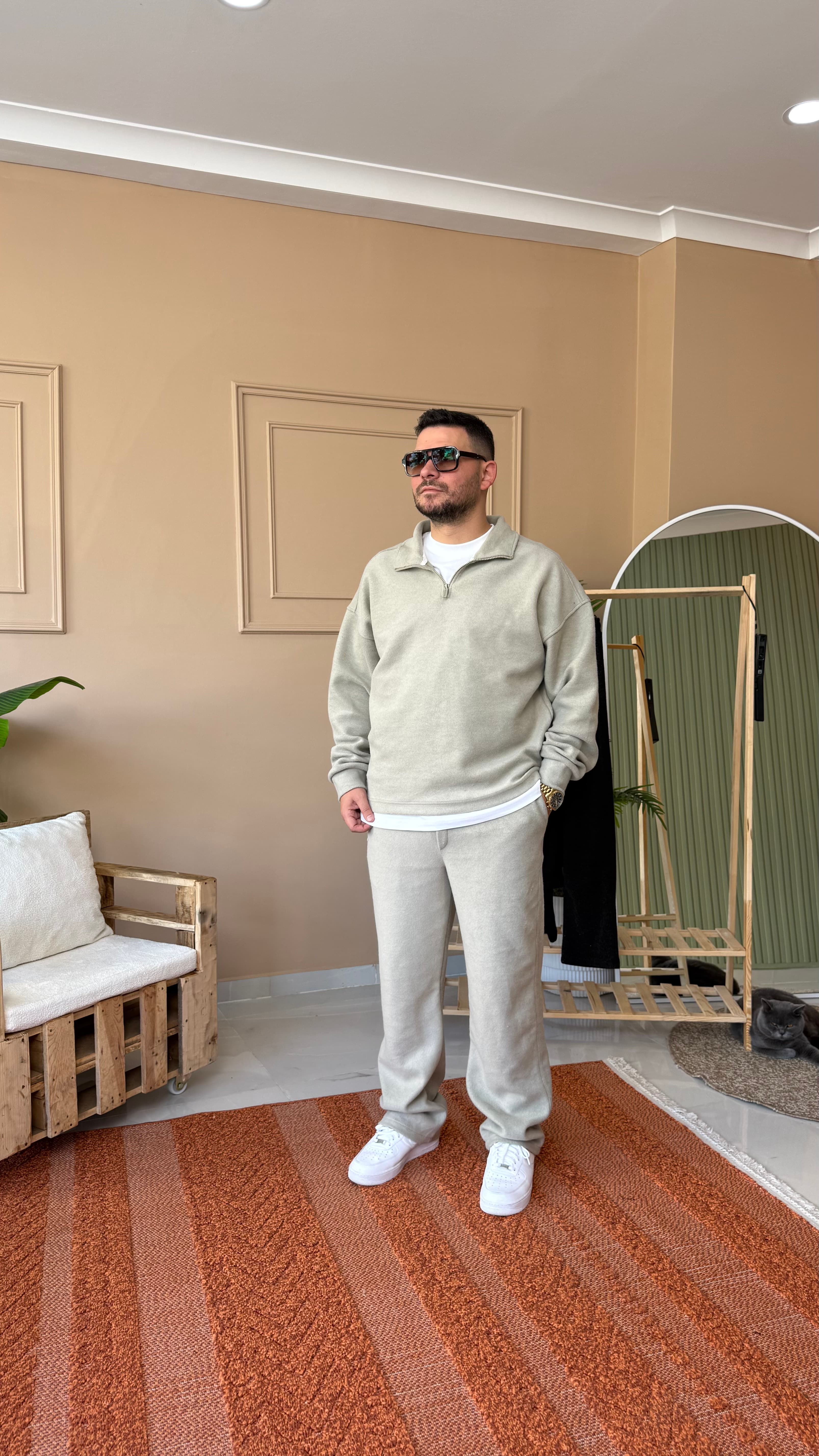 Taş Rengi Premium Kalite Kaşe Yarım Fermuarlı Oversize Takım