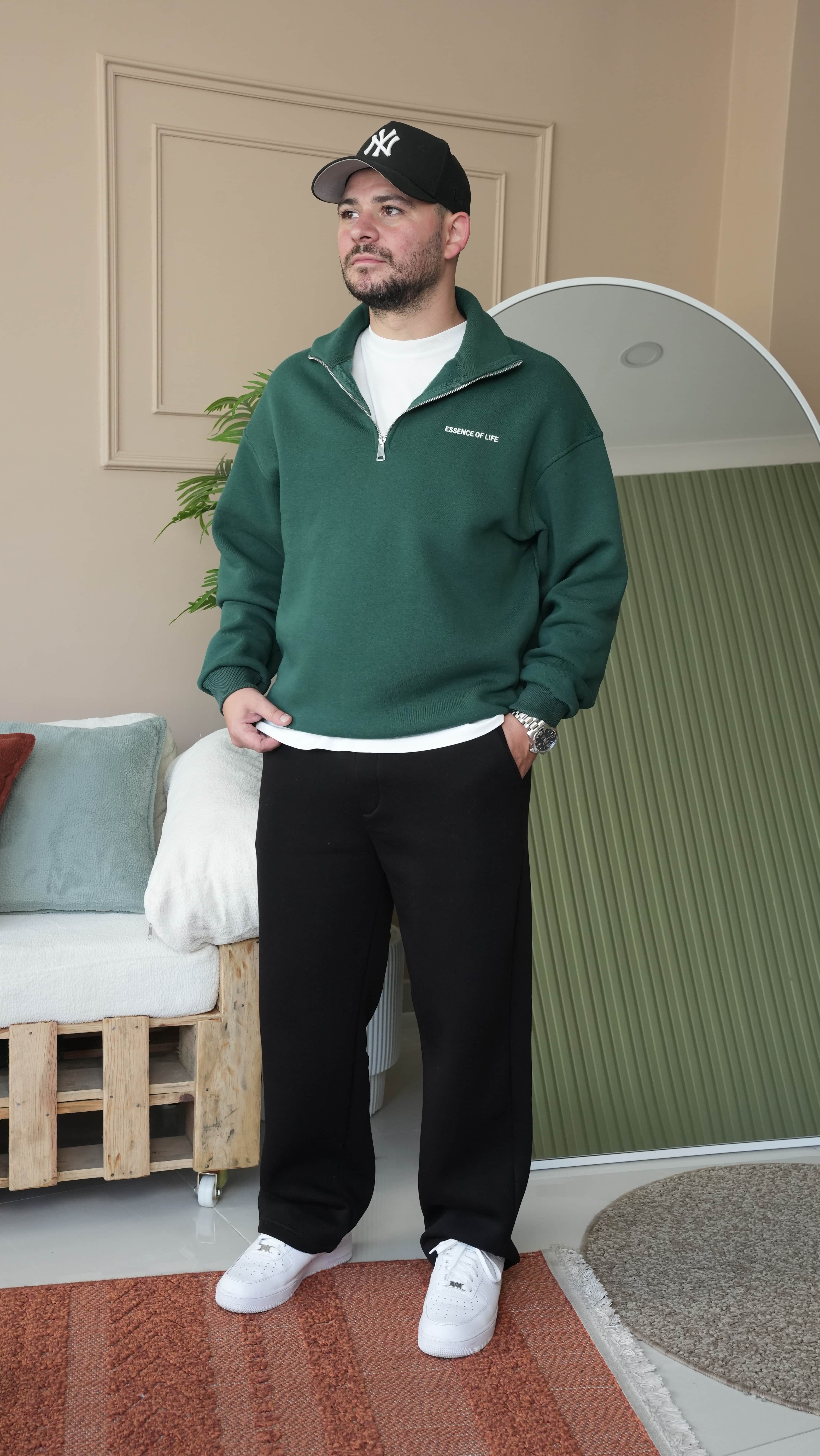 Essence Nakışlı Yarım Fermuarlı Oversize Gri Sweathirt