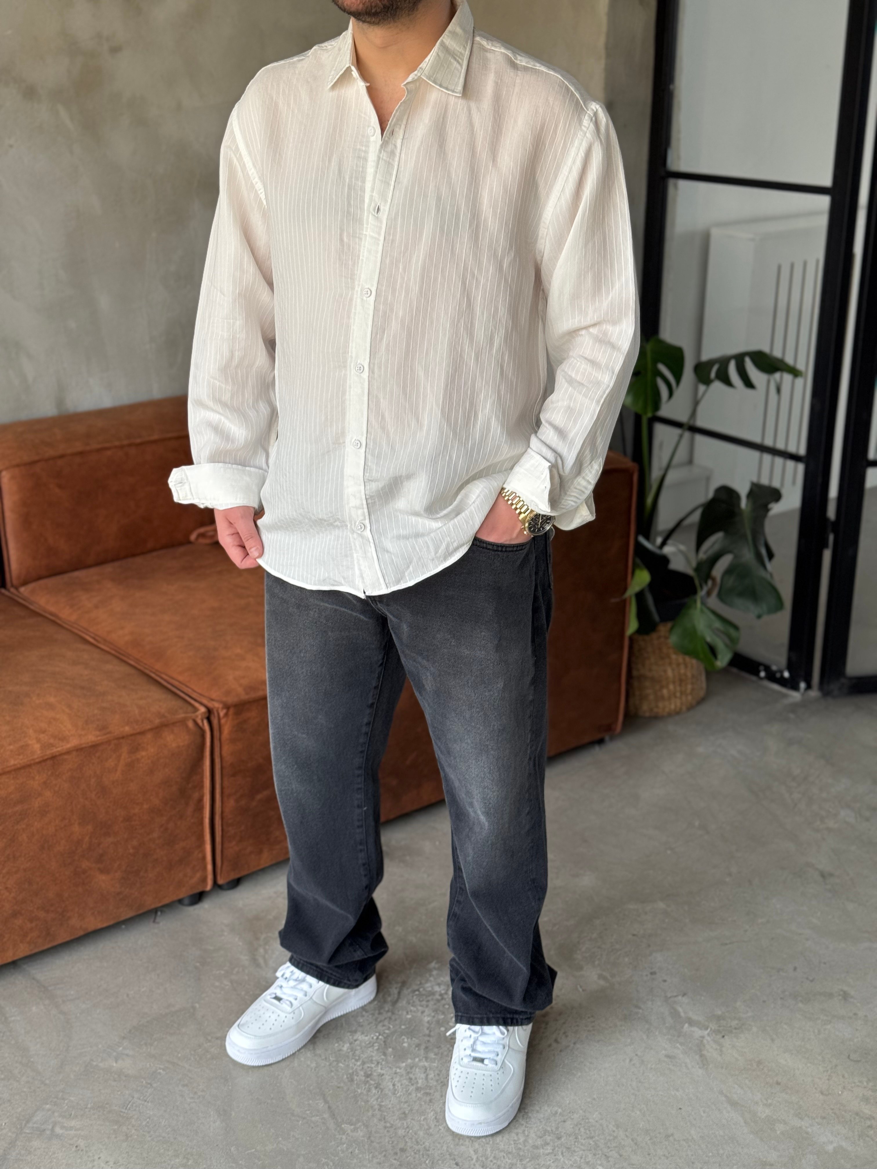 Beyaz Çizgili Tensel Kumaş Oversize Gömlek