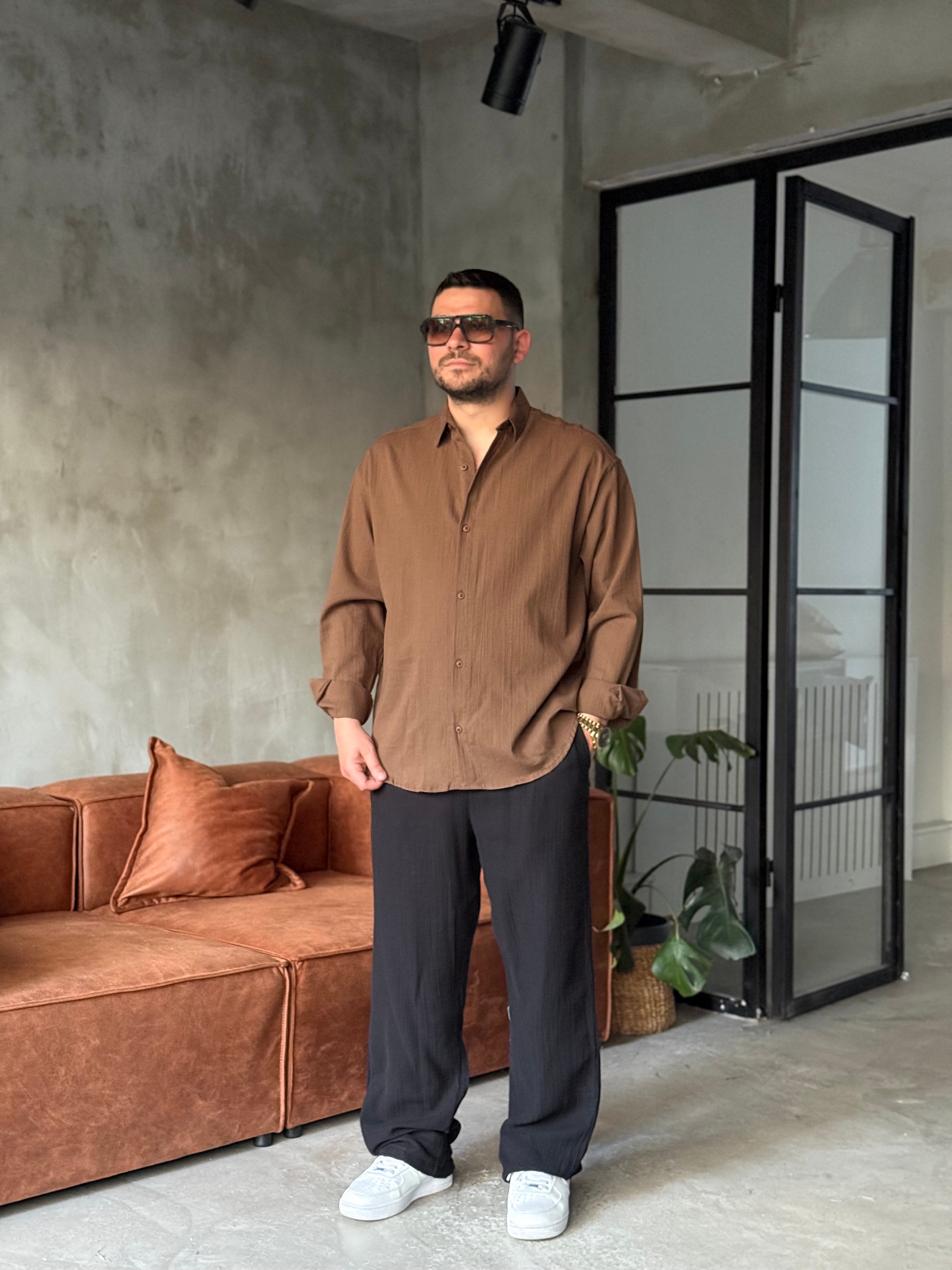 Kahve Keten Oversize Gömlek