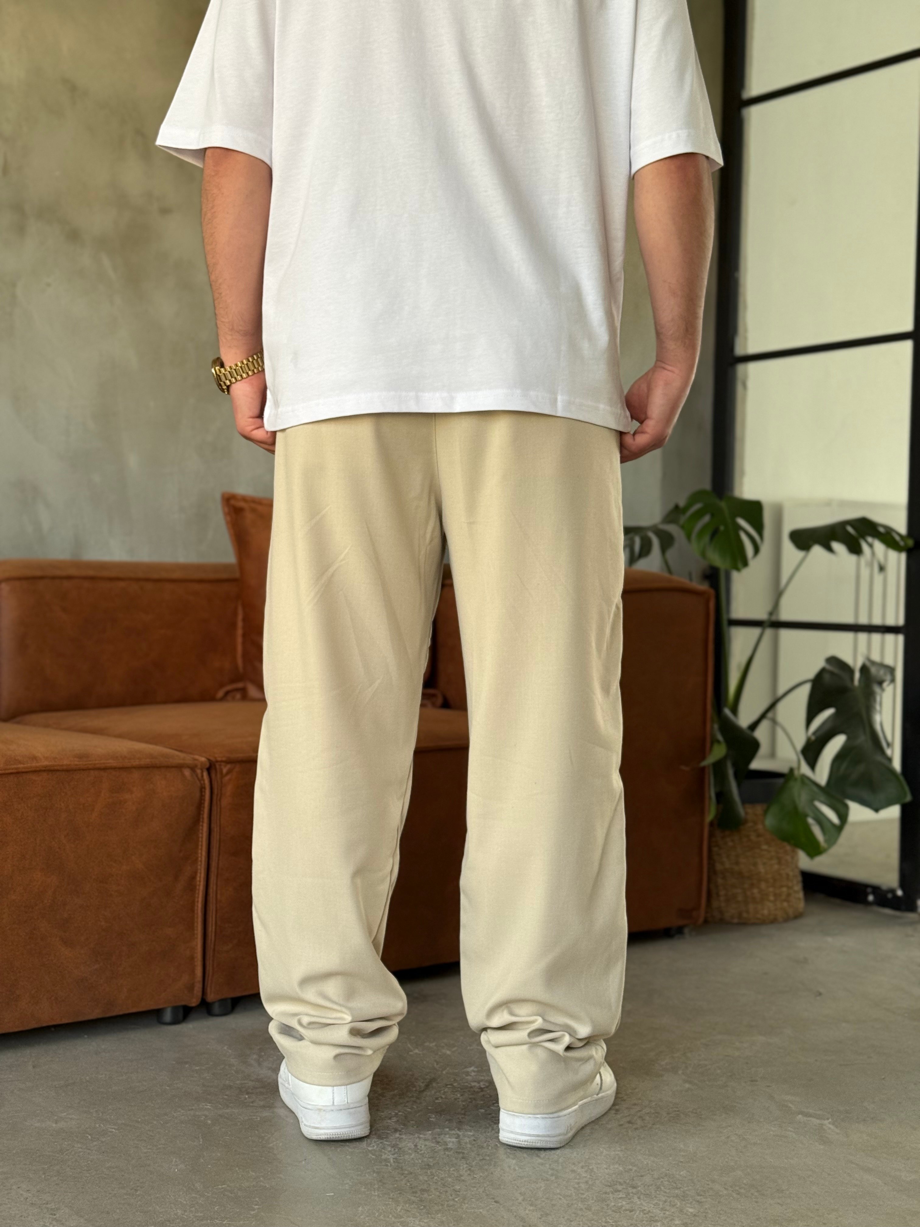 Krem Baggy Kalıp Kumaş Pantolon