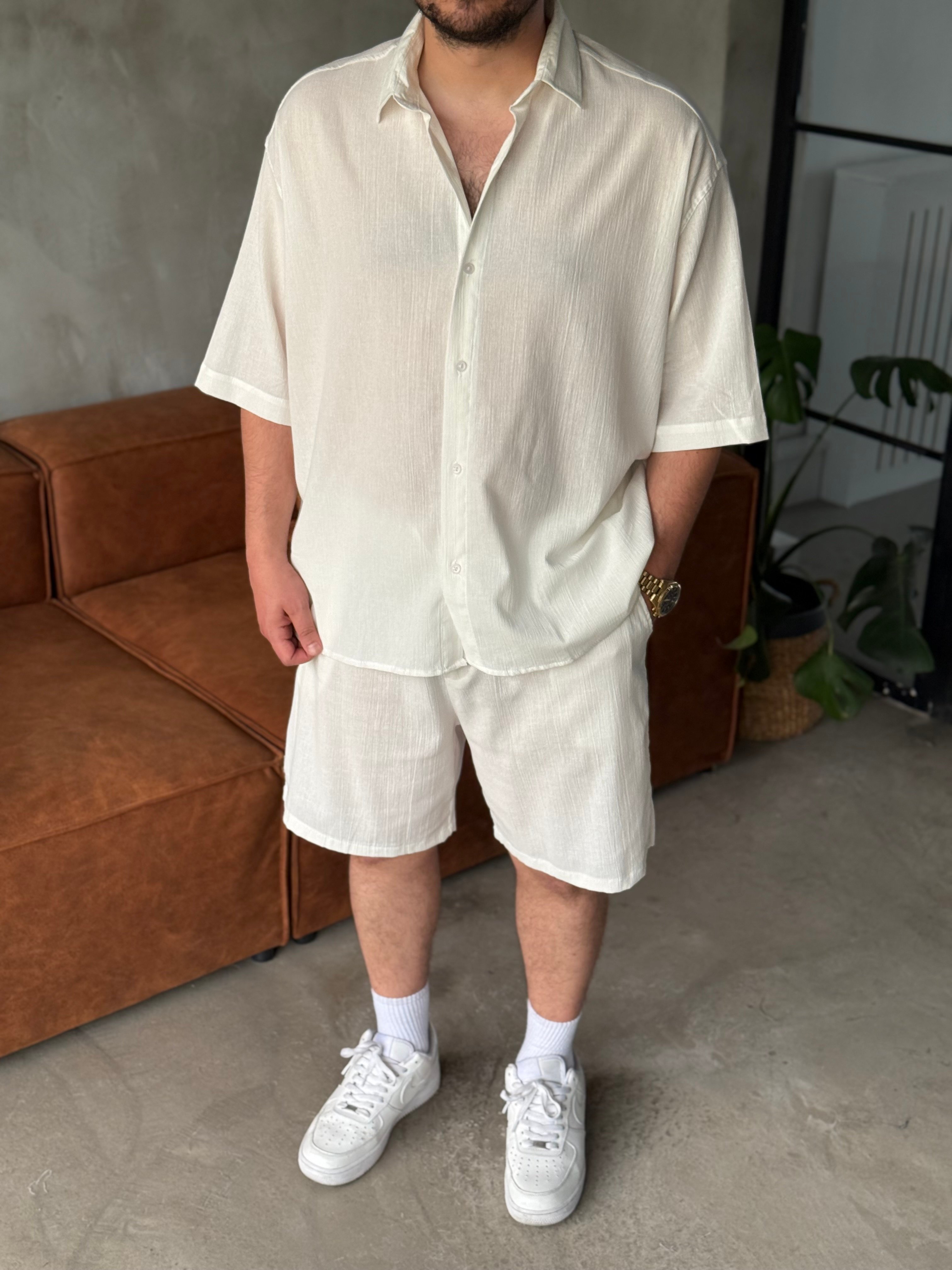Beyaz Oversize Şortlu Keten Takım