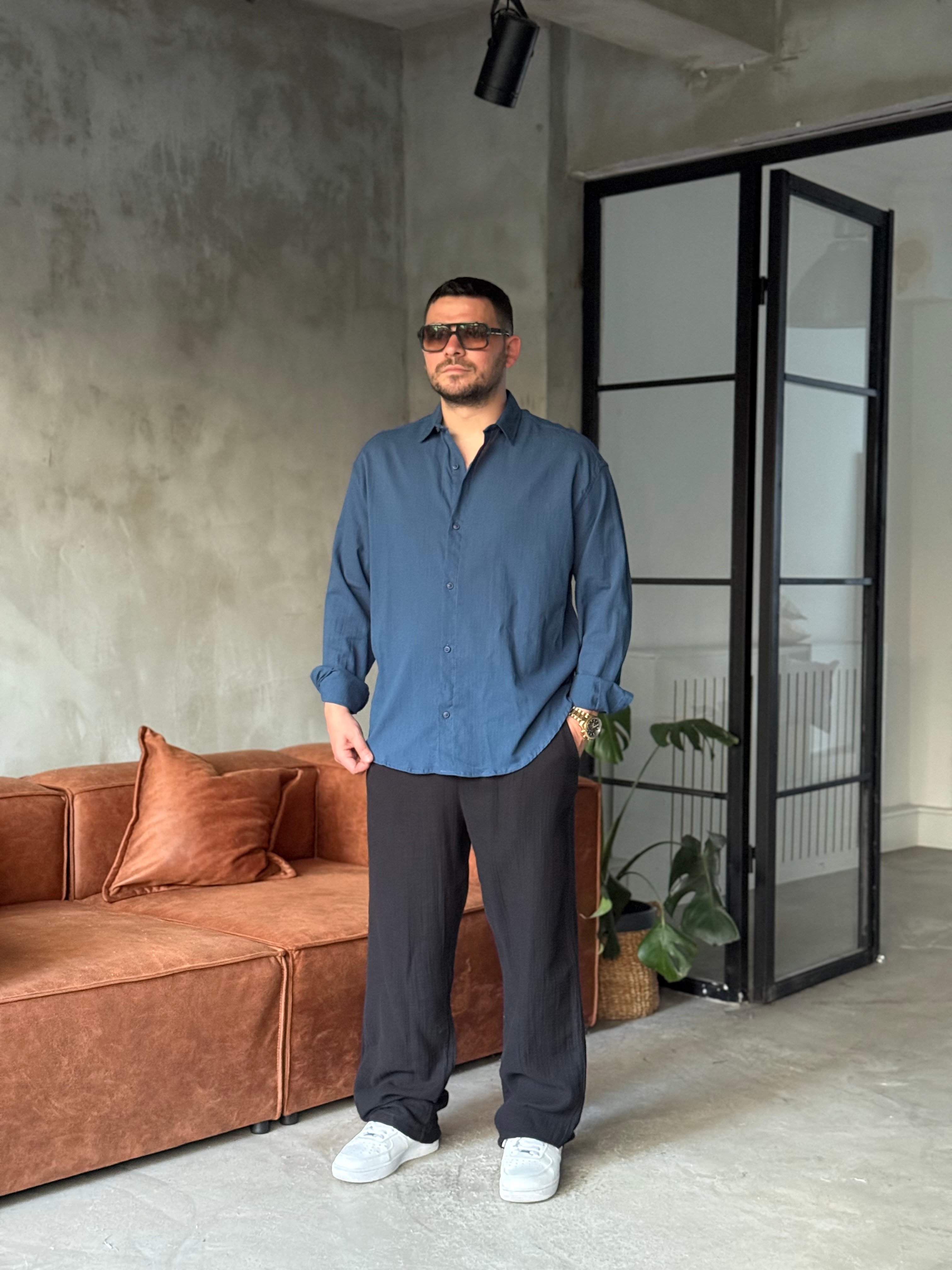 Gece Mavisi Oversize Keten Gömlek