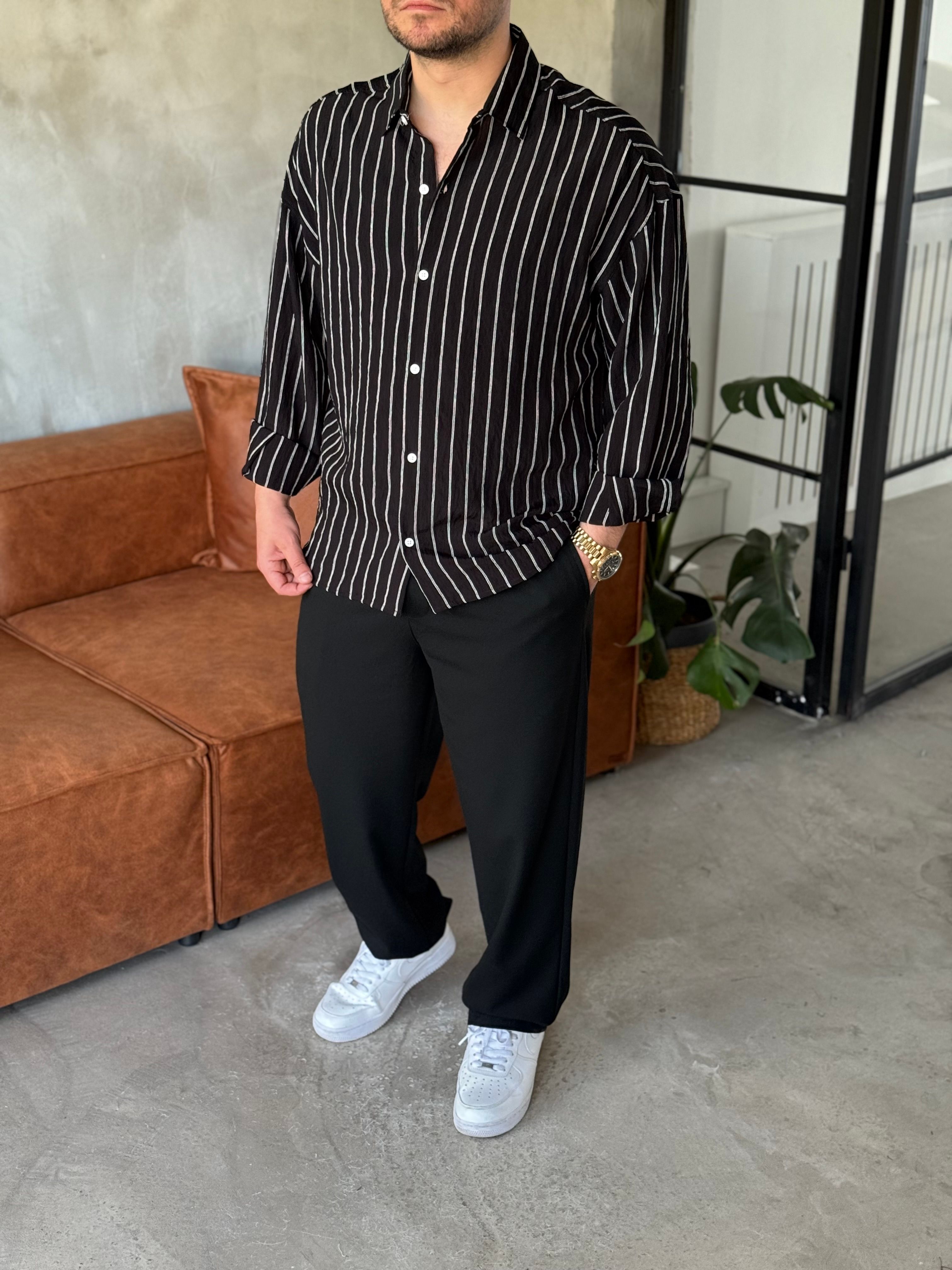 Siyah Çizgili Oversize Gömlek 