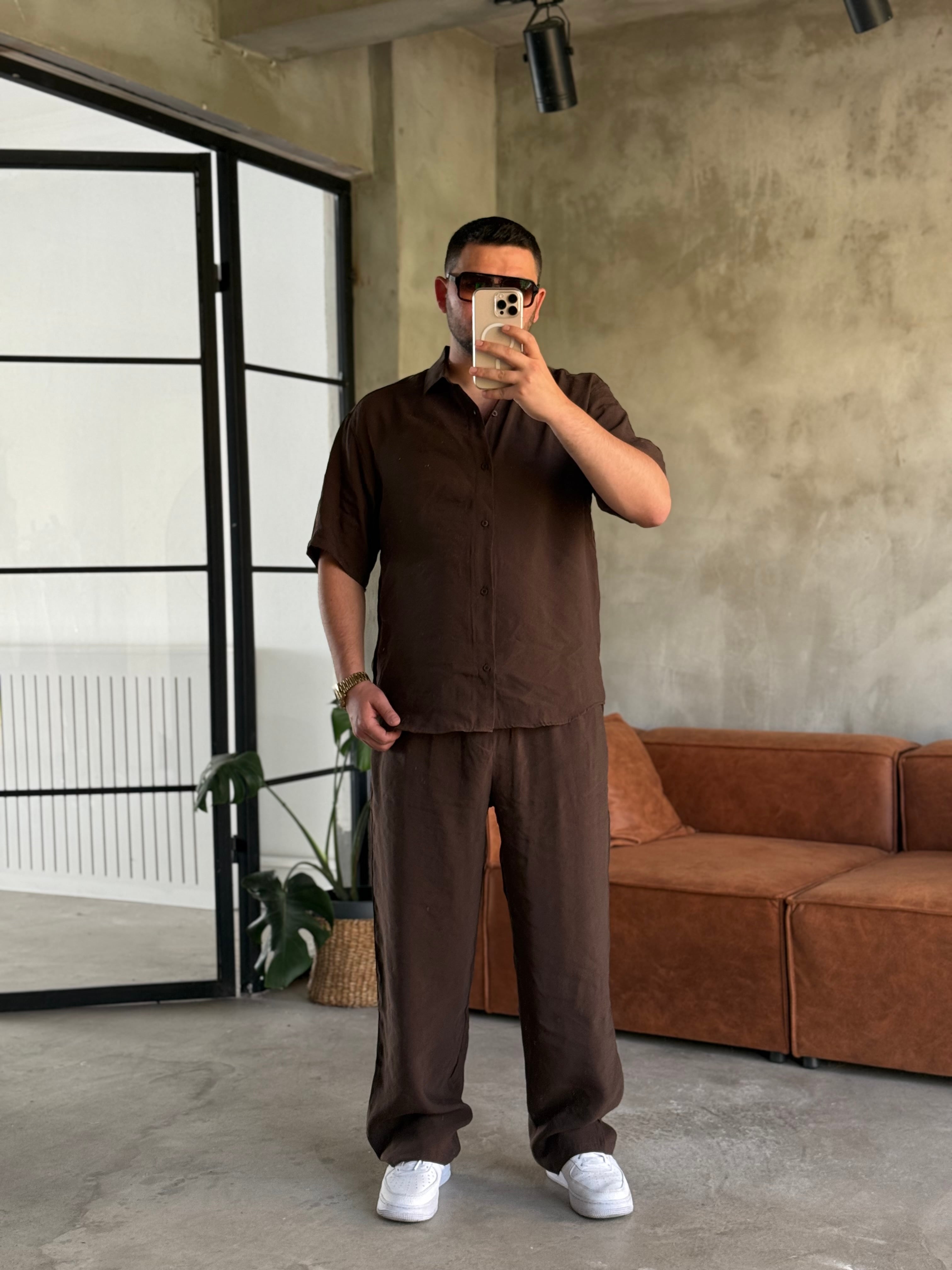 Kahverengi Tensel Oversize Gömlekli Takım