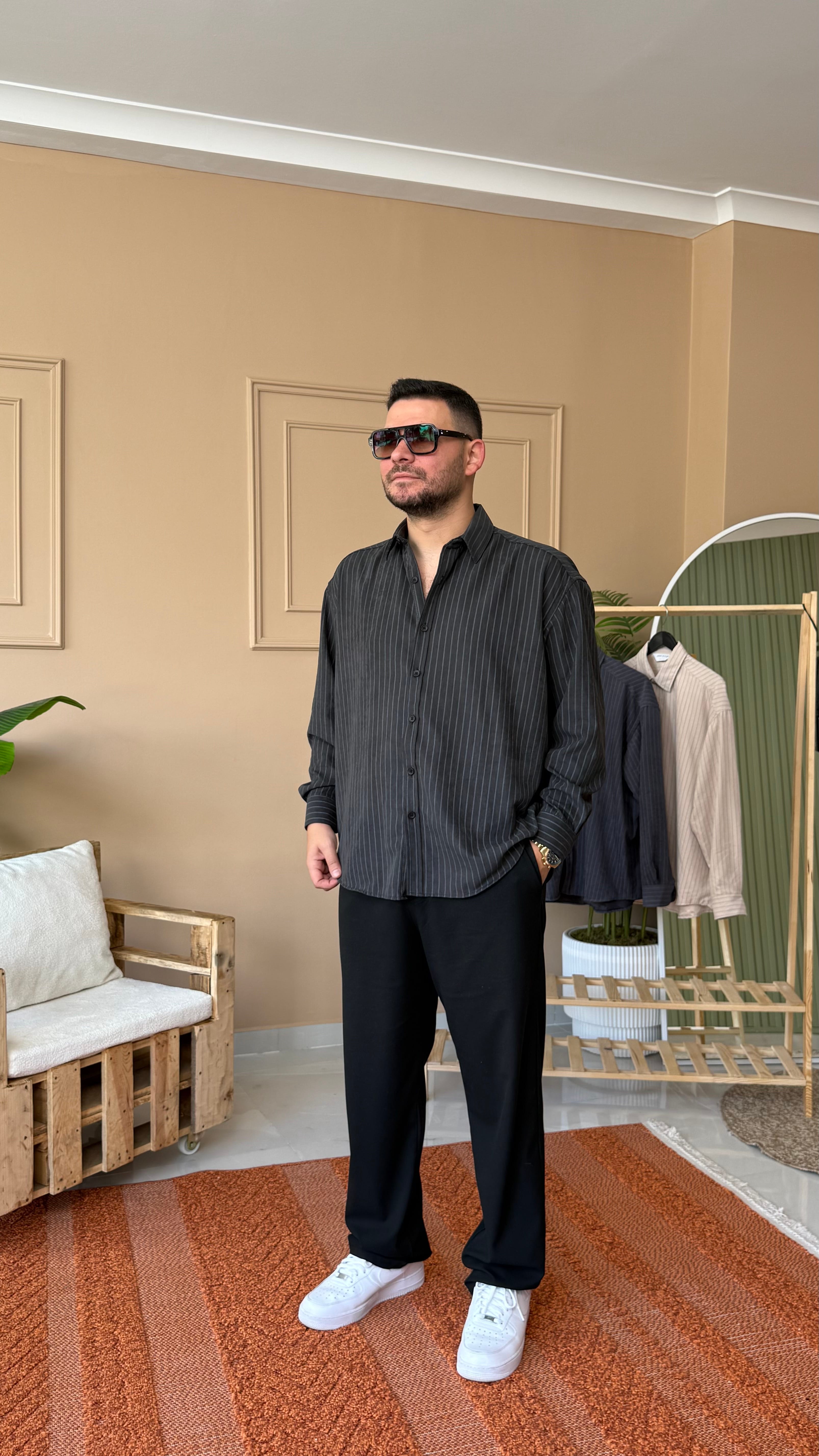 Siyah Kalın Modal Oversize Gömlek