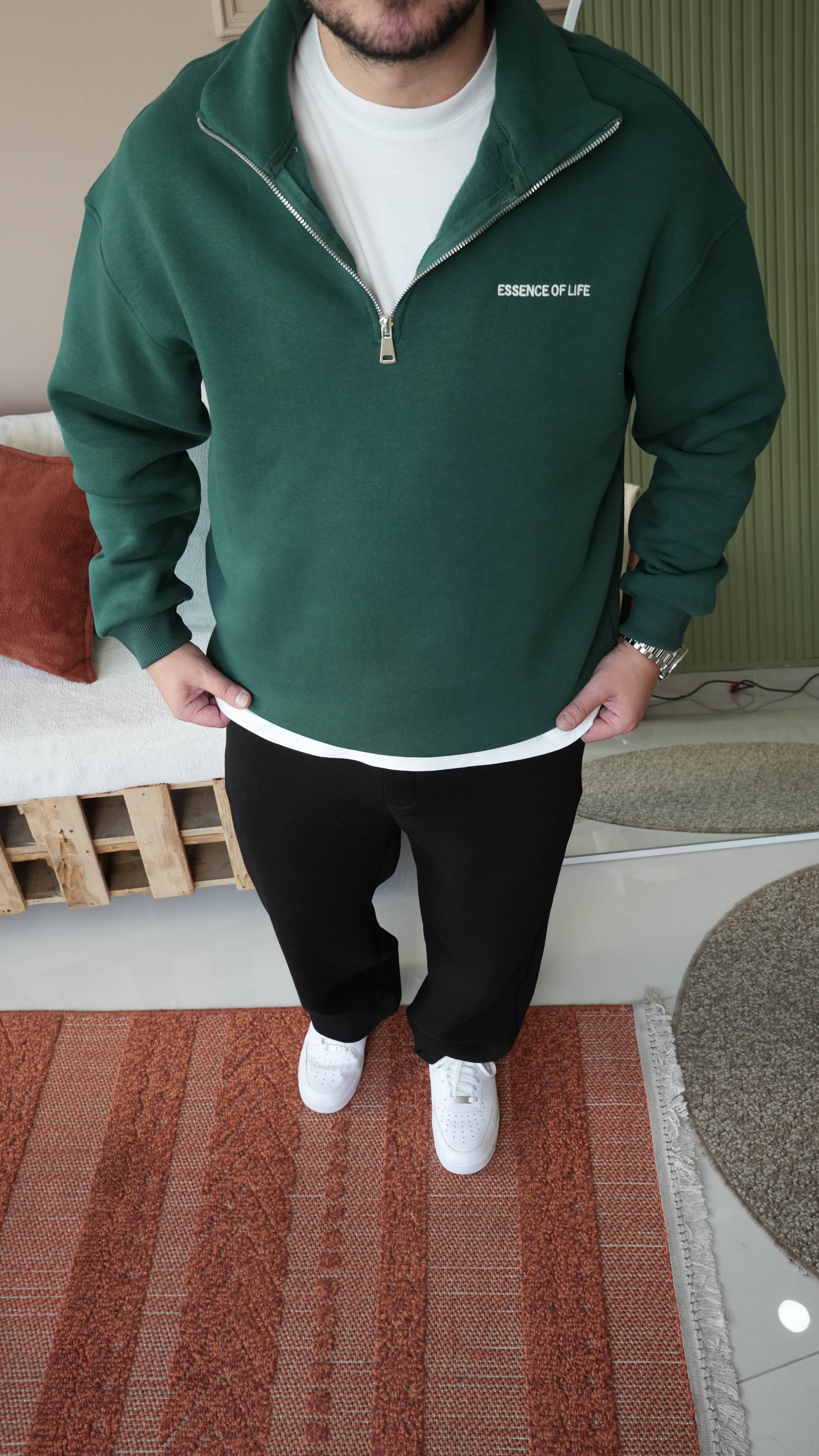 Essence Nakışlı Yarım Fermuarlı Oversize Gri Sweathirt